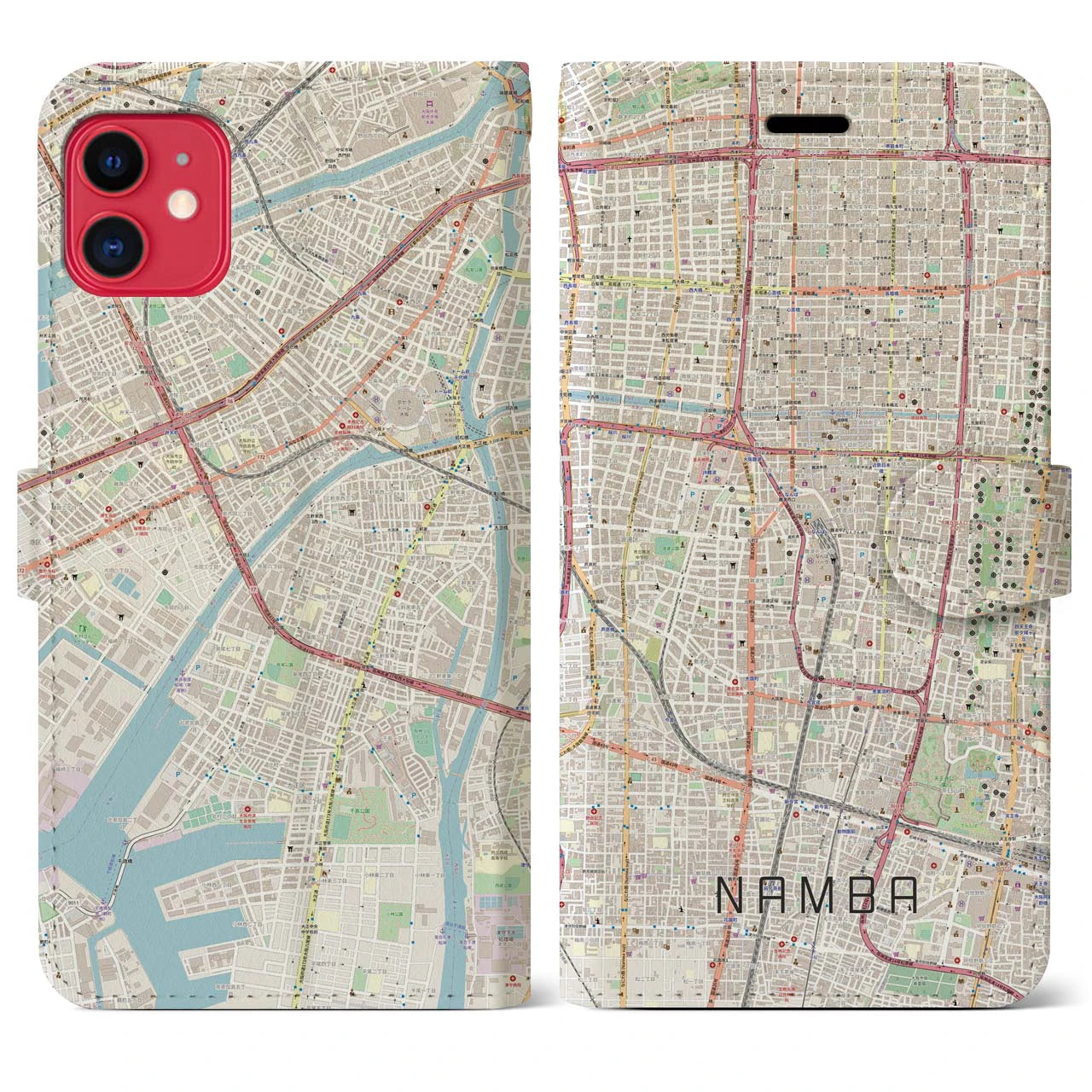 【難波】地図柄iPhoneケース（手帳両面タイプ・ナチュラル）iPhone 11 用