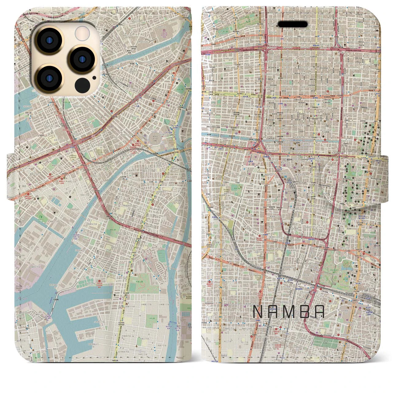 【難波】地図柄iPhoneケース（手帳両面タイプ・ナチュラル）iPhone 12 Pro Max 用