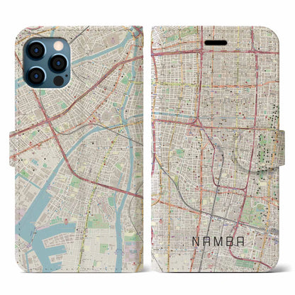 【難波（大阪府）】地図柄iPhoneケース（手帳タイプ）ナチュラル・iPhone 12 / 12 Pro 用