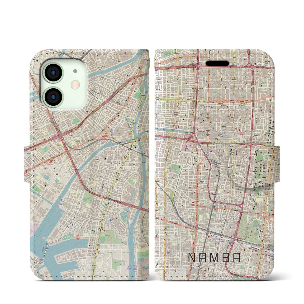 【難波】地図柄iPhoneケース（手帳両面タイプ・ナチュラル）iPhone 12 mini 用