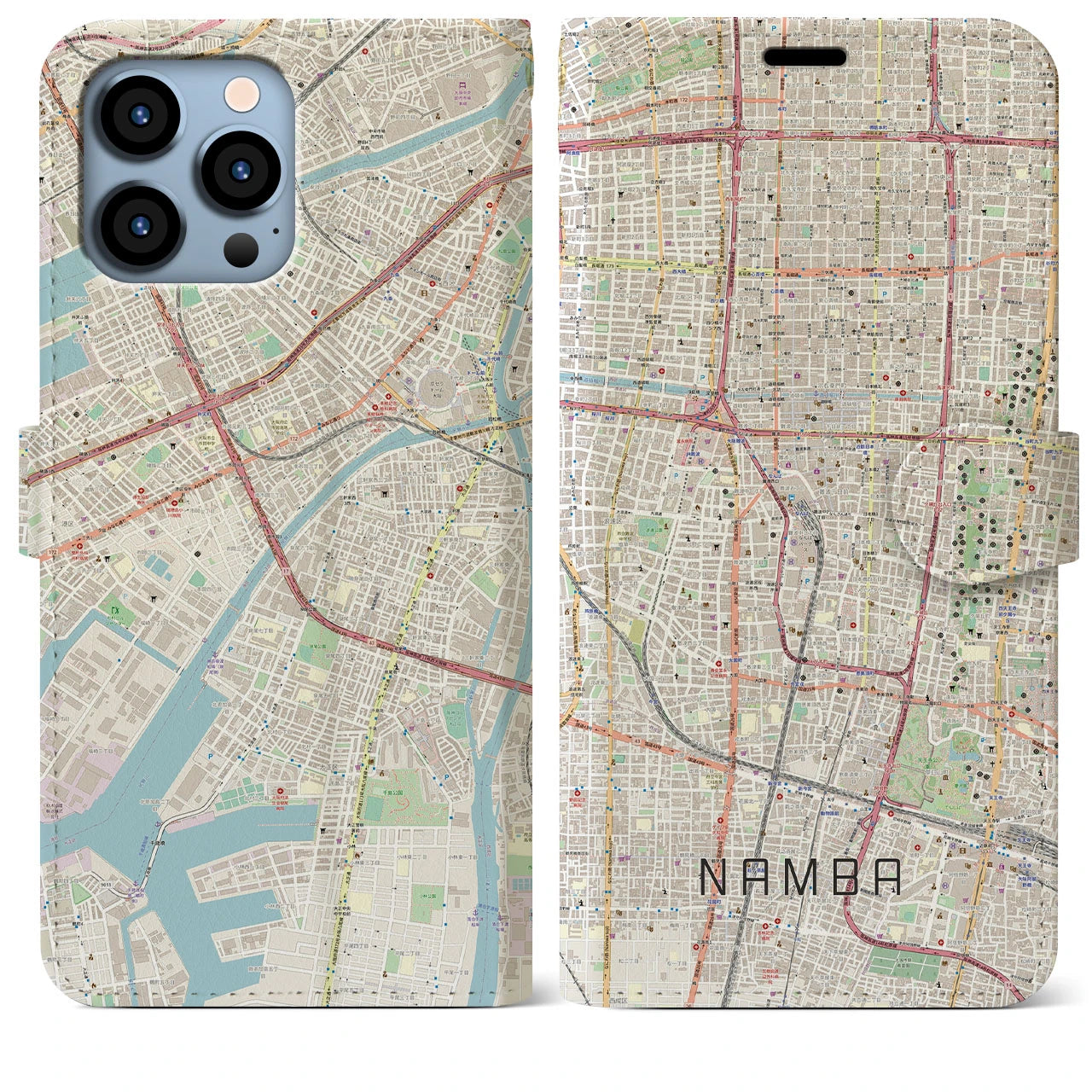 【難波】地図柄iPhoneケース（手帳両面タイプ・ナチュラル）iPhone 13 Pro Max 用