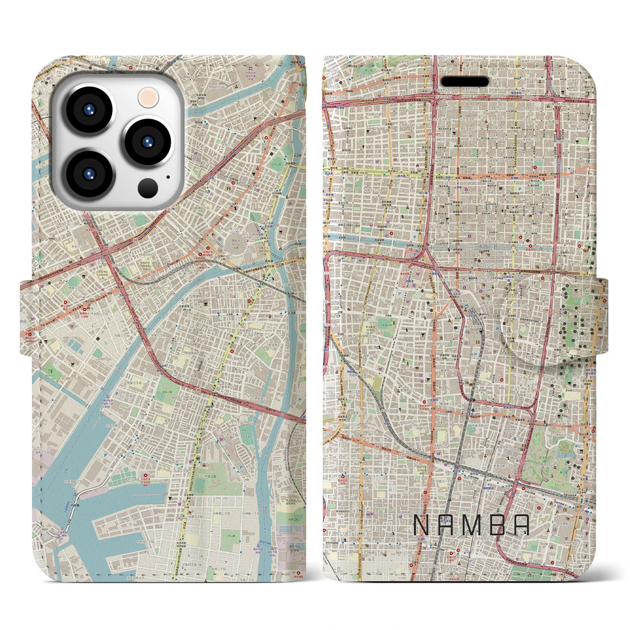 【難波】地図柄iPhoneケース（手帳両面タイプ・ナチュラル）iPhone 13 Pro 用
