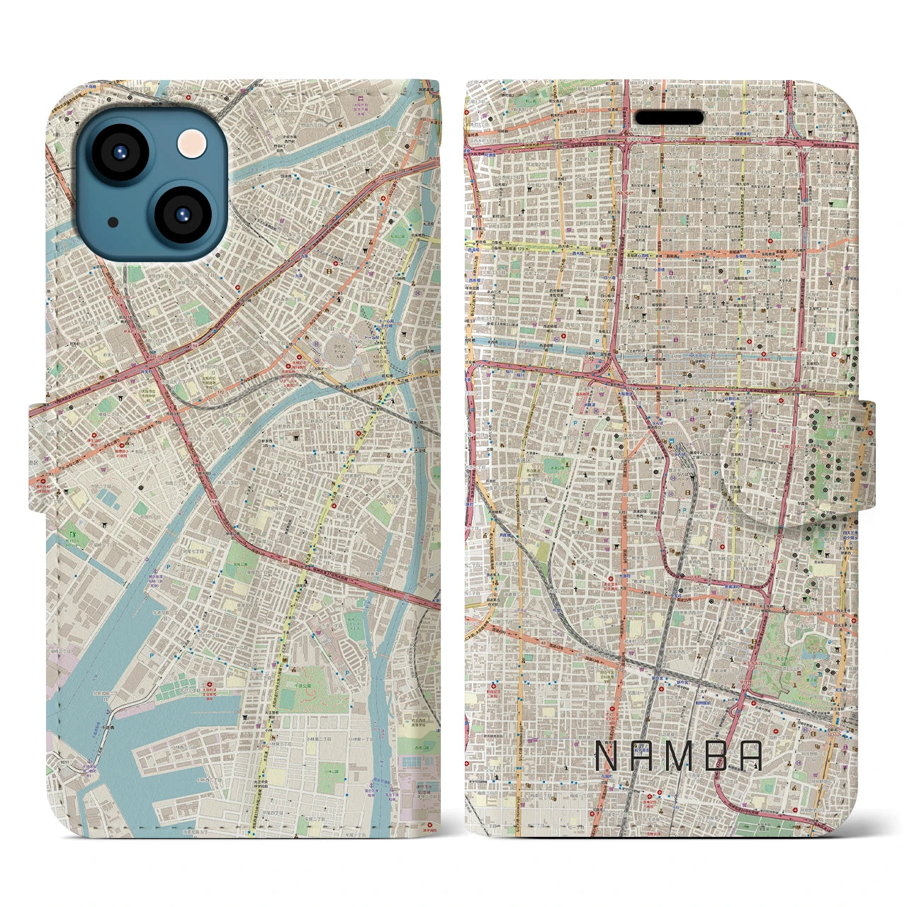 【難波】地図柄iPhoneケース（手帳両面タイプ・ナチュラル）iPhone 13 用