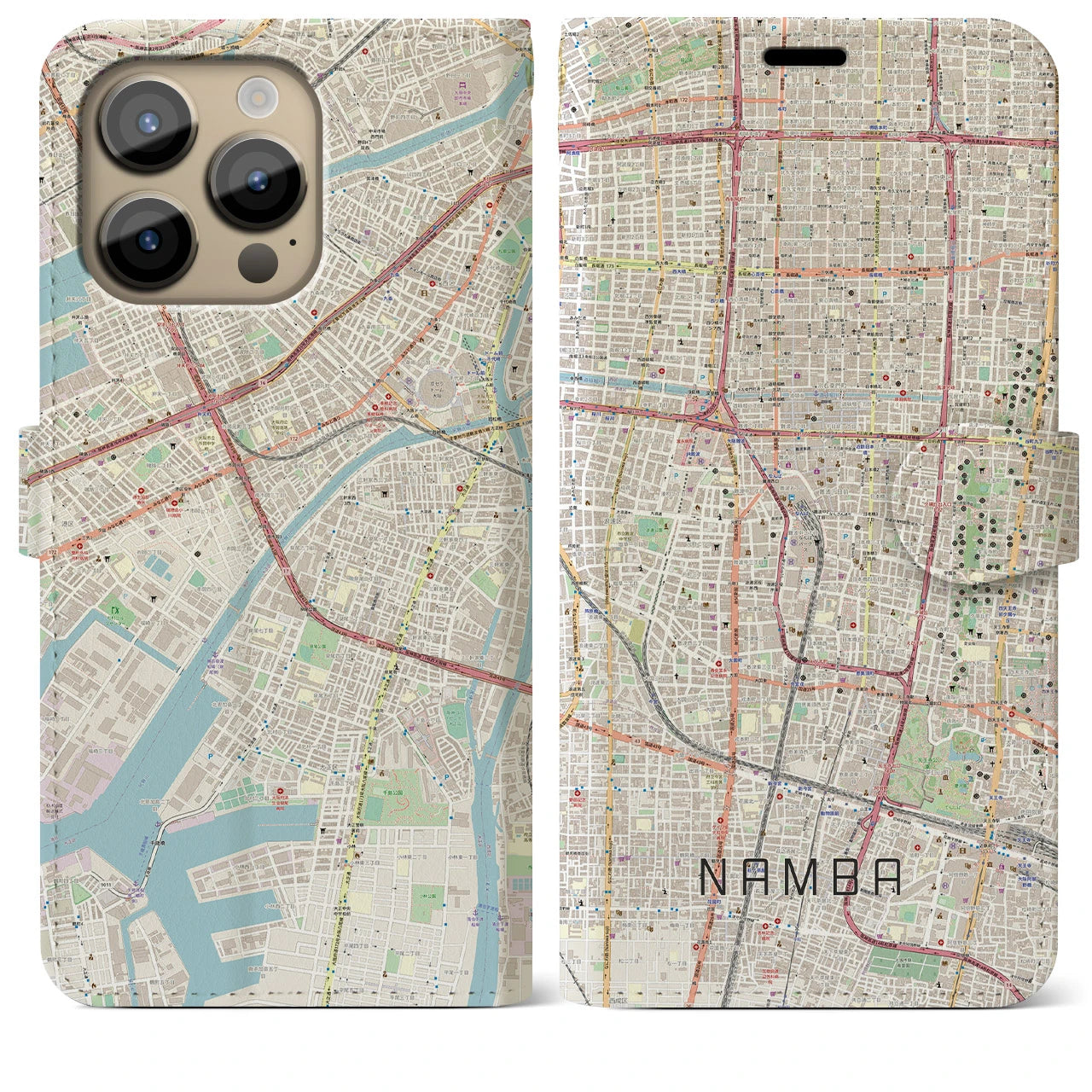【難波】地図柄iPhoneケース（手帳両面タイプ・ナチュラル）iPhone 14 Pro Max 用