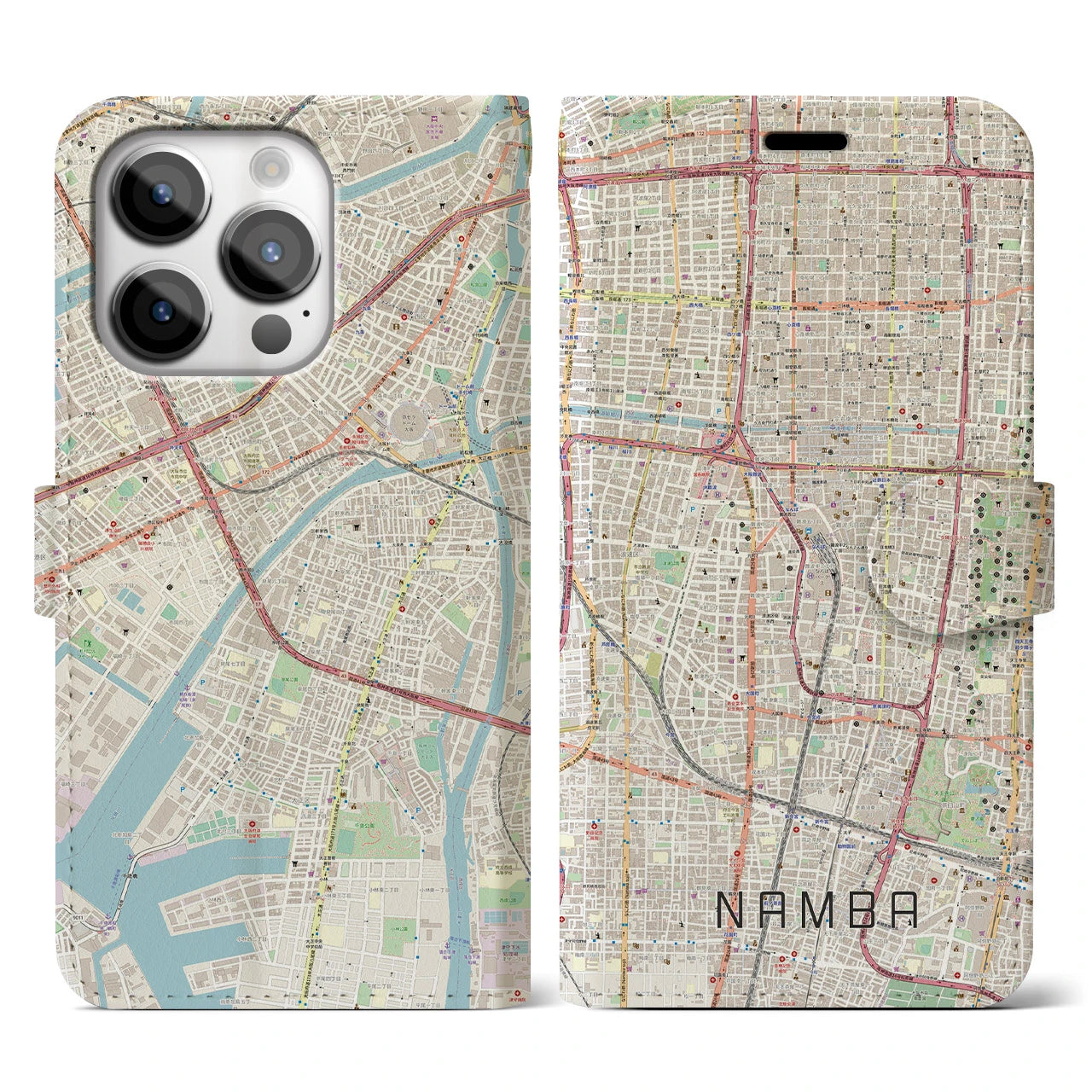 【難波】地図柄iPhoneケース（手帳両面タイプ・ナチュラル）iPhone 14 Pro 用