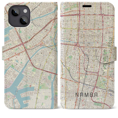 【難波（大阪府）】地図柄iPhoneケース（手帳タイプ）ナチュラル・iPhone 14 Plus 用
