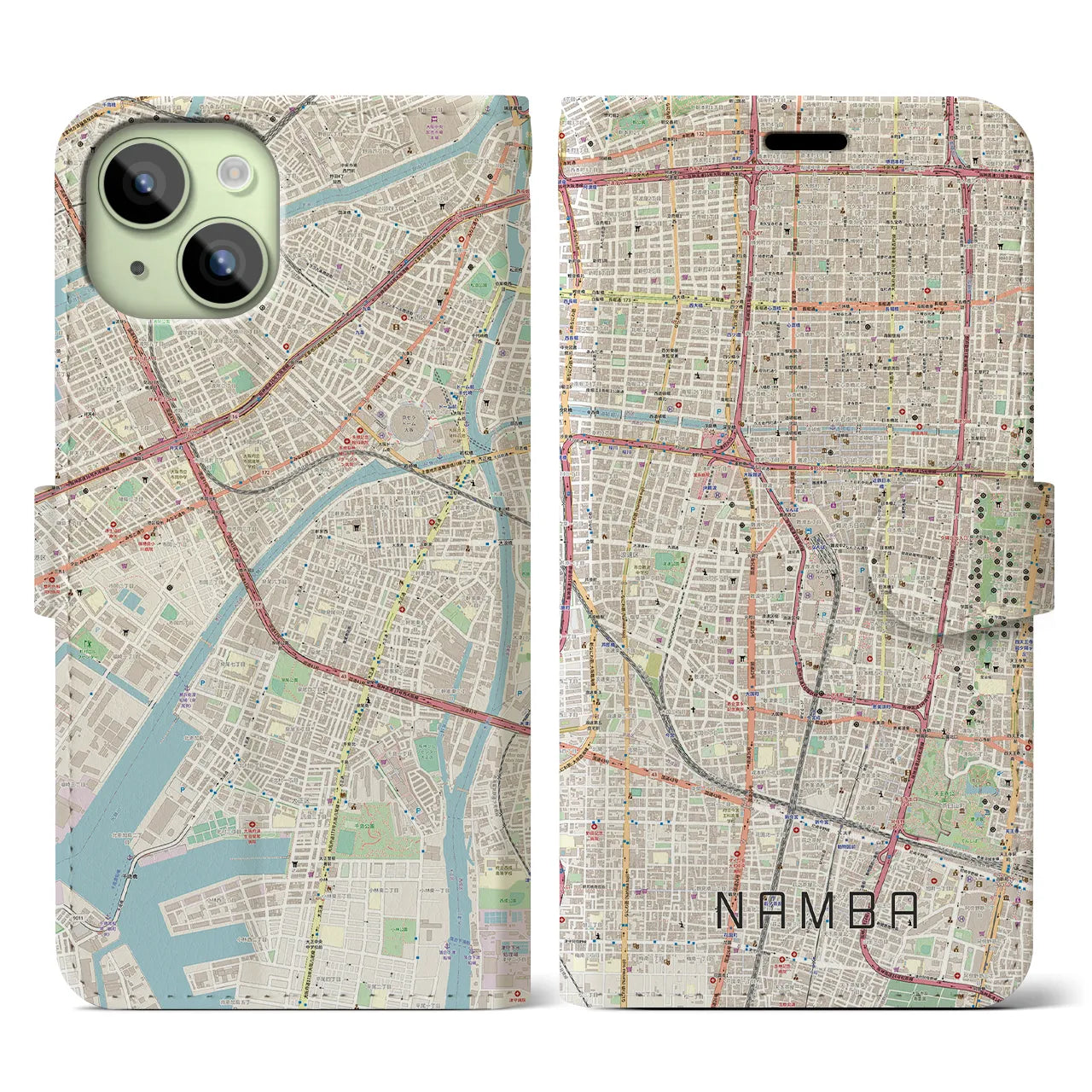 【難波】地図柄iPhoneケース（手帳両面タイプ・ナチュラル）iPhone 15 用
