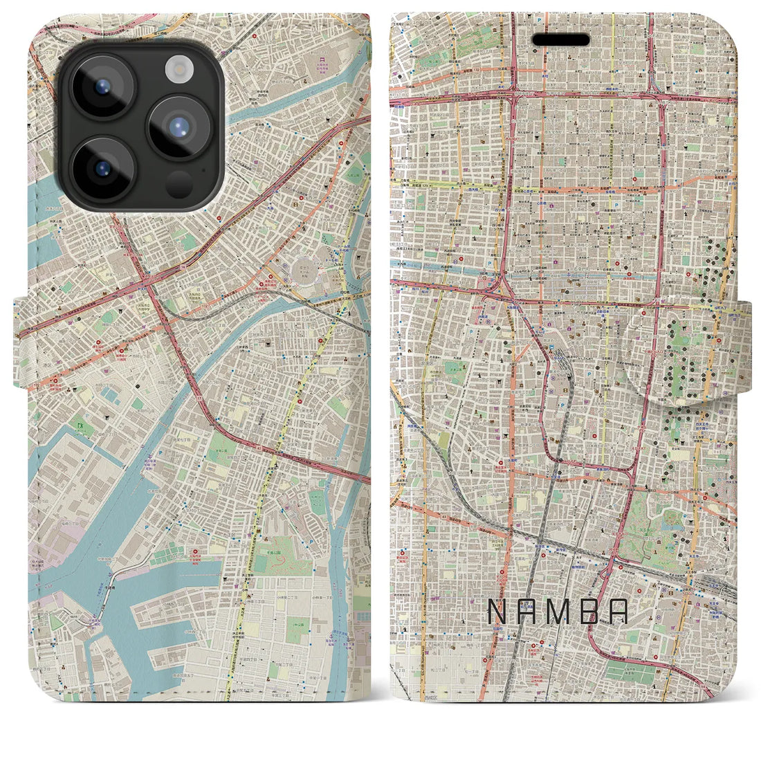 【難波】地図柄iPhoneケース（手帳両面タイプ・ナチュラル）iPhone 15 Pro Max 用