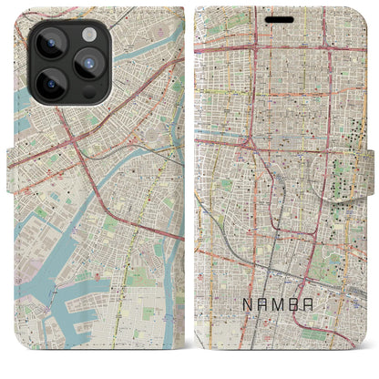 【難波（大阪府）】地図柄iPhoneケース（手帳タイプ）ナチュラル・iPhone 15 Pro Max 用