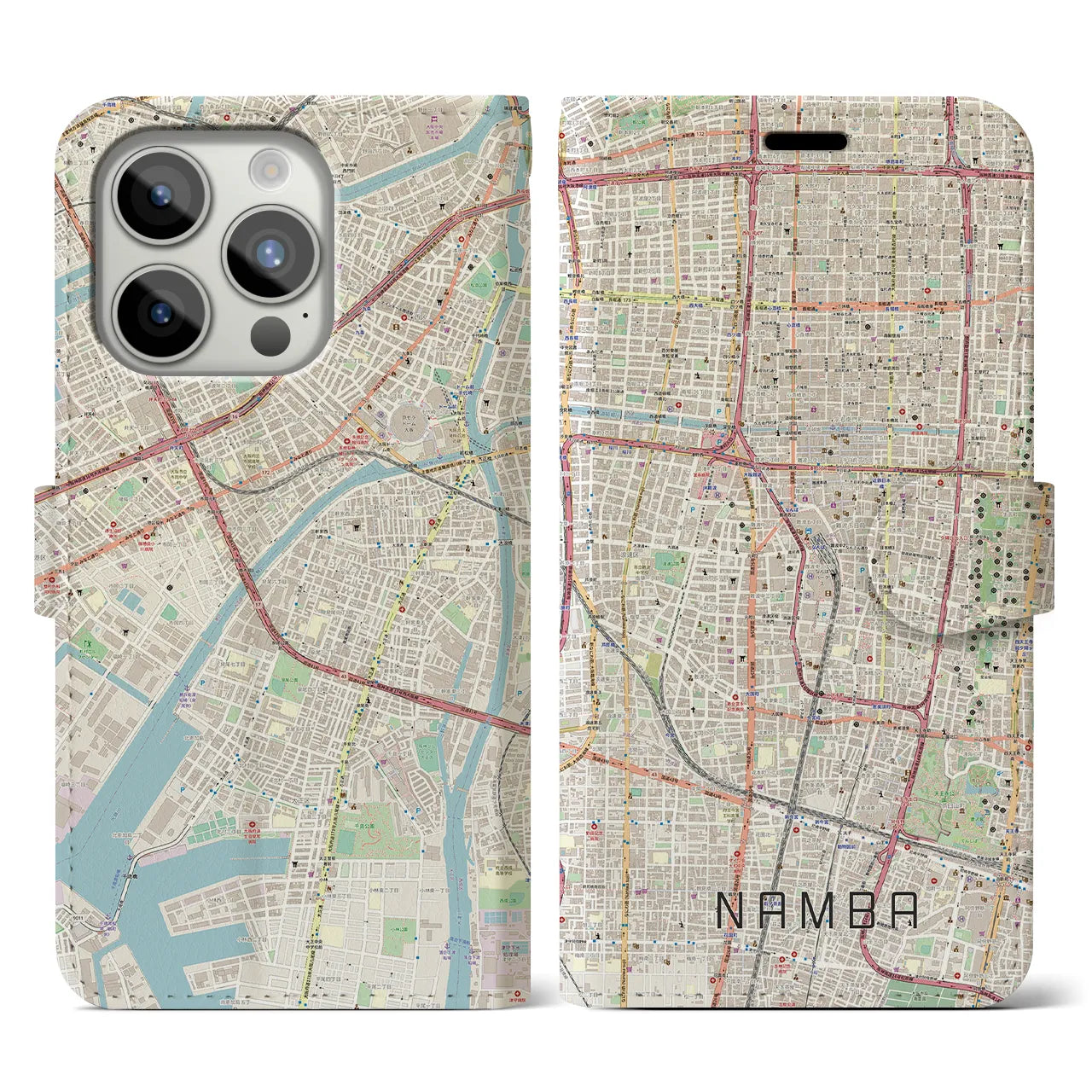 【難波】地図柄iPhoneケース（手帳両面タイプ・ナチュラル）iPhone 15 Pro 用