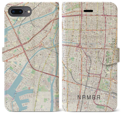 【難波（大阪府）】地図柄iPhoneケース（手帳タイプ）ナチュラル・iPhone 8Plus /7Plus / 6sPlus / 6Plus 用