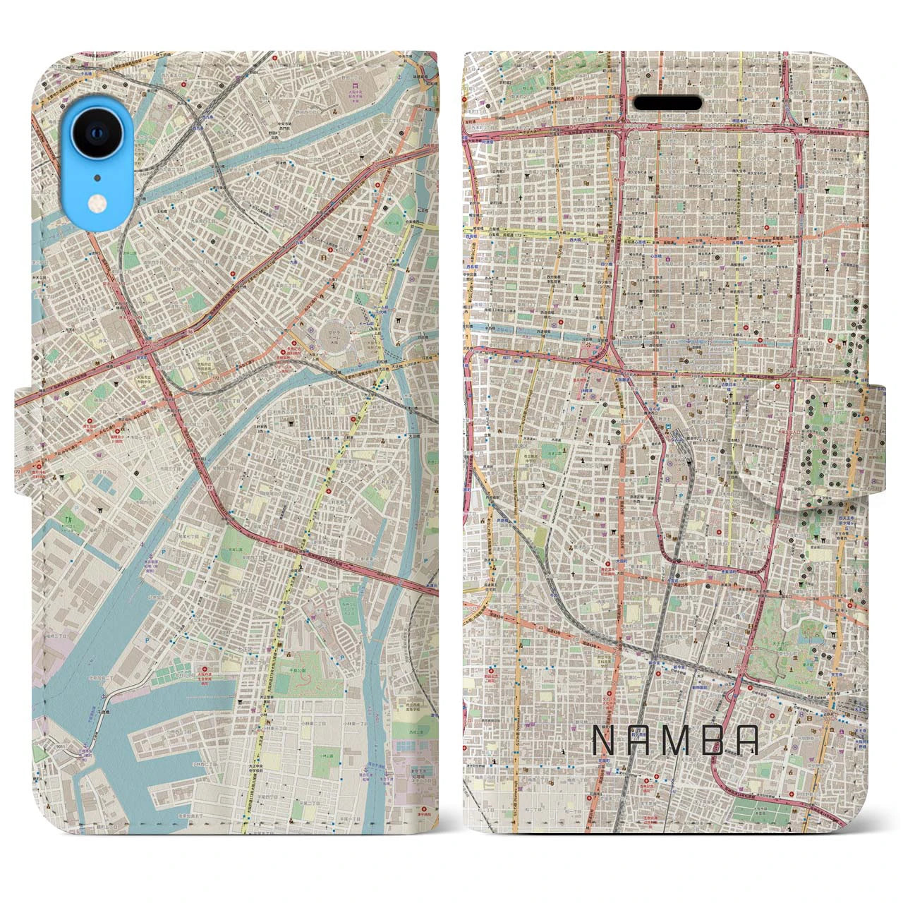 【難波】地図柄iPhoneケース（手帳両面タイプ・ナチュラル）iPhone XR 用