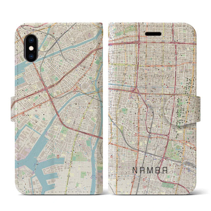 【難波（大阪府）】地図柄iPhoneケース（手帳タイプ）ナチュラル・iPhone XS / X 用