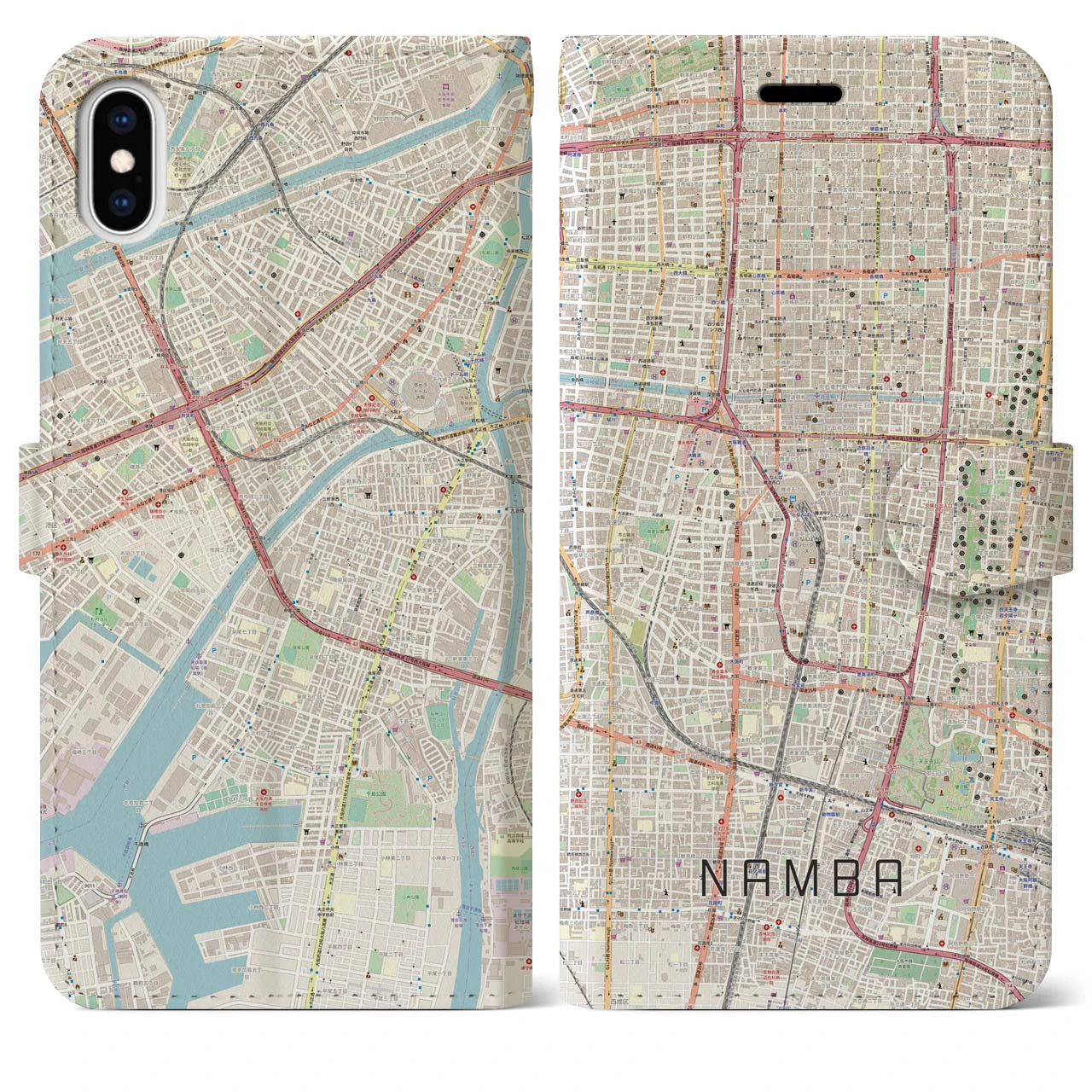 【難波】地図柄iPhoneケース（手帳両面タイプ・ナチュラル）iPhone XS Max 用