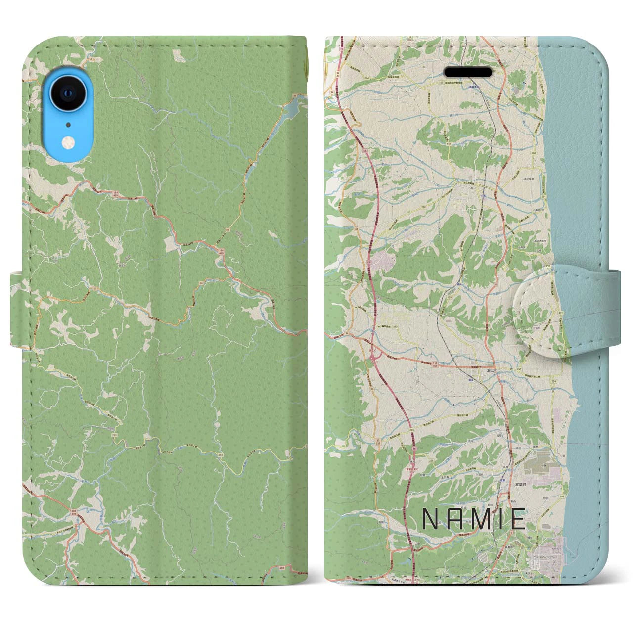 【浪江】地図柄iPhoneケース（手帳両面タイプ・ナチュラル）iPhone XR 用
