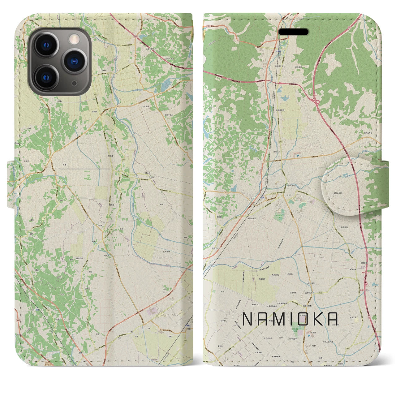【浪岡】地図柄iPhoneケース（手帳両面タイプ・ナチュラル）iPhone 11 Pro Max 用