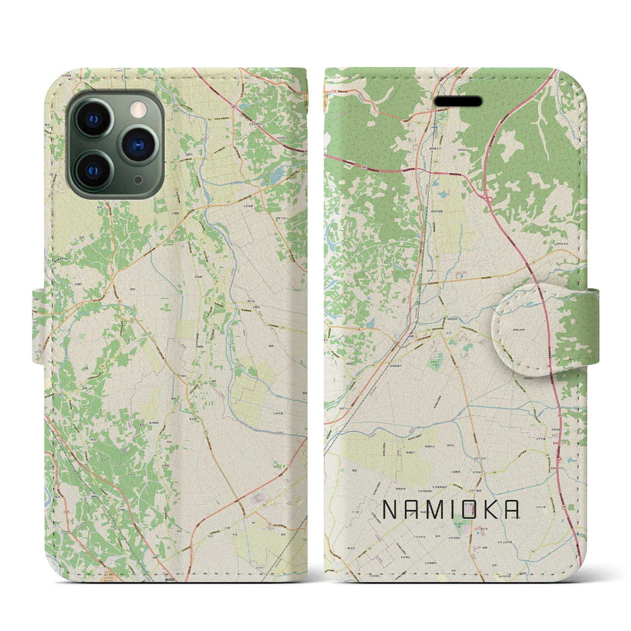 【浪岡】地図柄iPhoneケース（手帳両面タイプ・ナチュラル）iPhone 11 Pro 用
