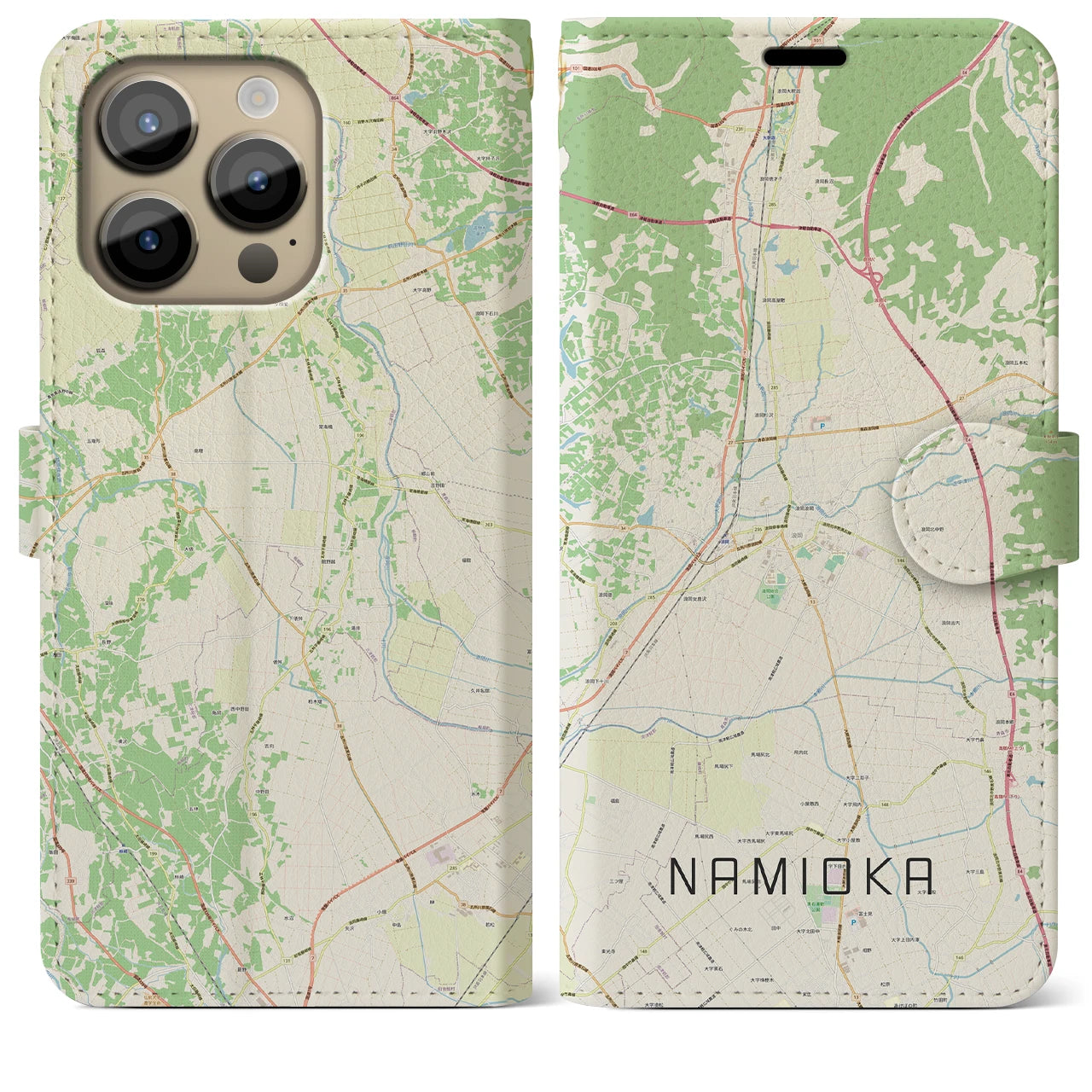 【浪岡】地図柄iPhoneケース（手帳両面タイプ・ナチュラル）iPhone 14 Pro Max 用