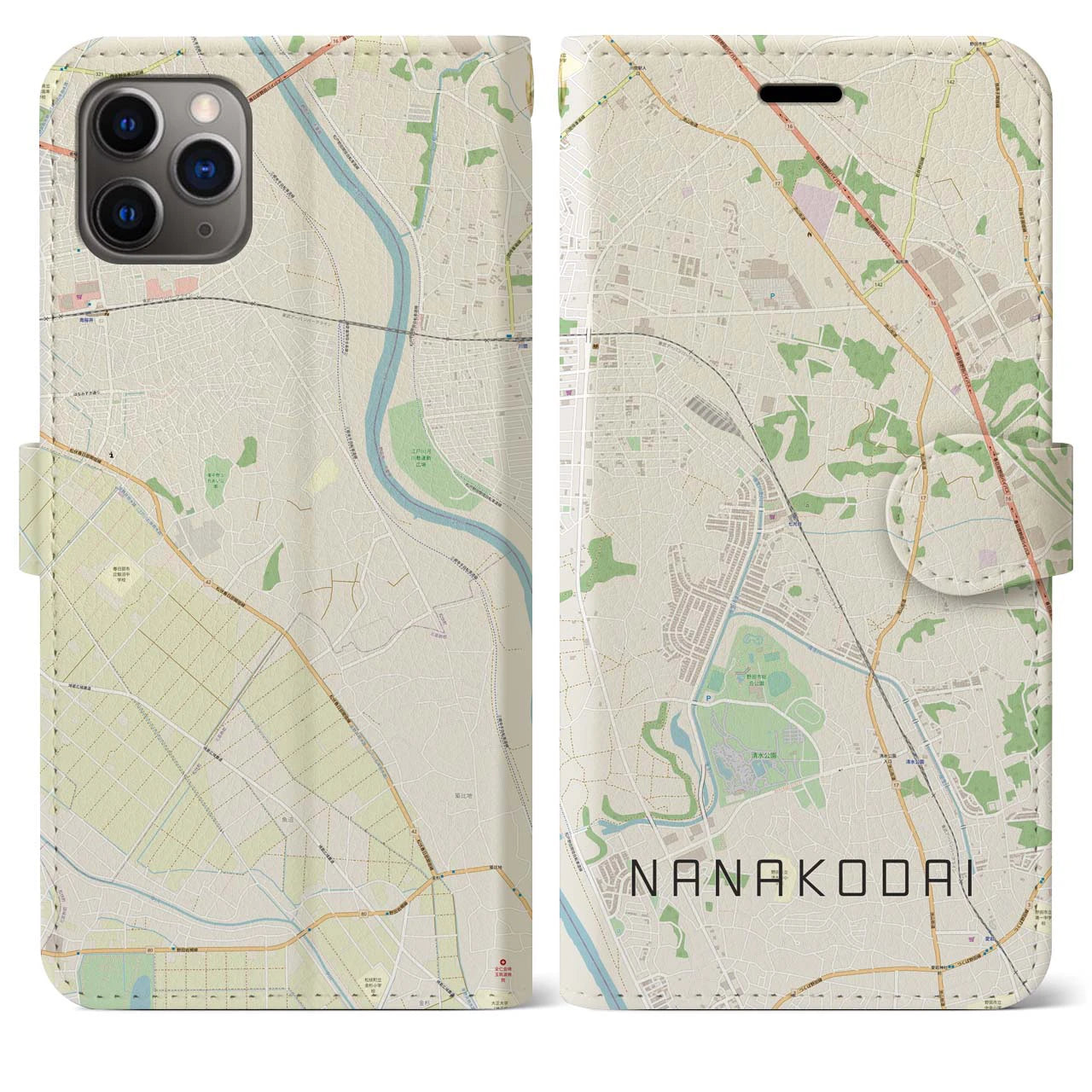 【七光台】地図柄iPhoneケース（手帳両面タイプ・ナチュラル）iPhone 11 Pro Max 用