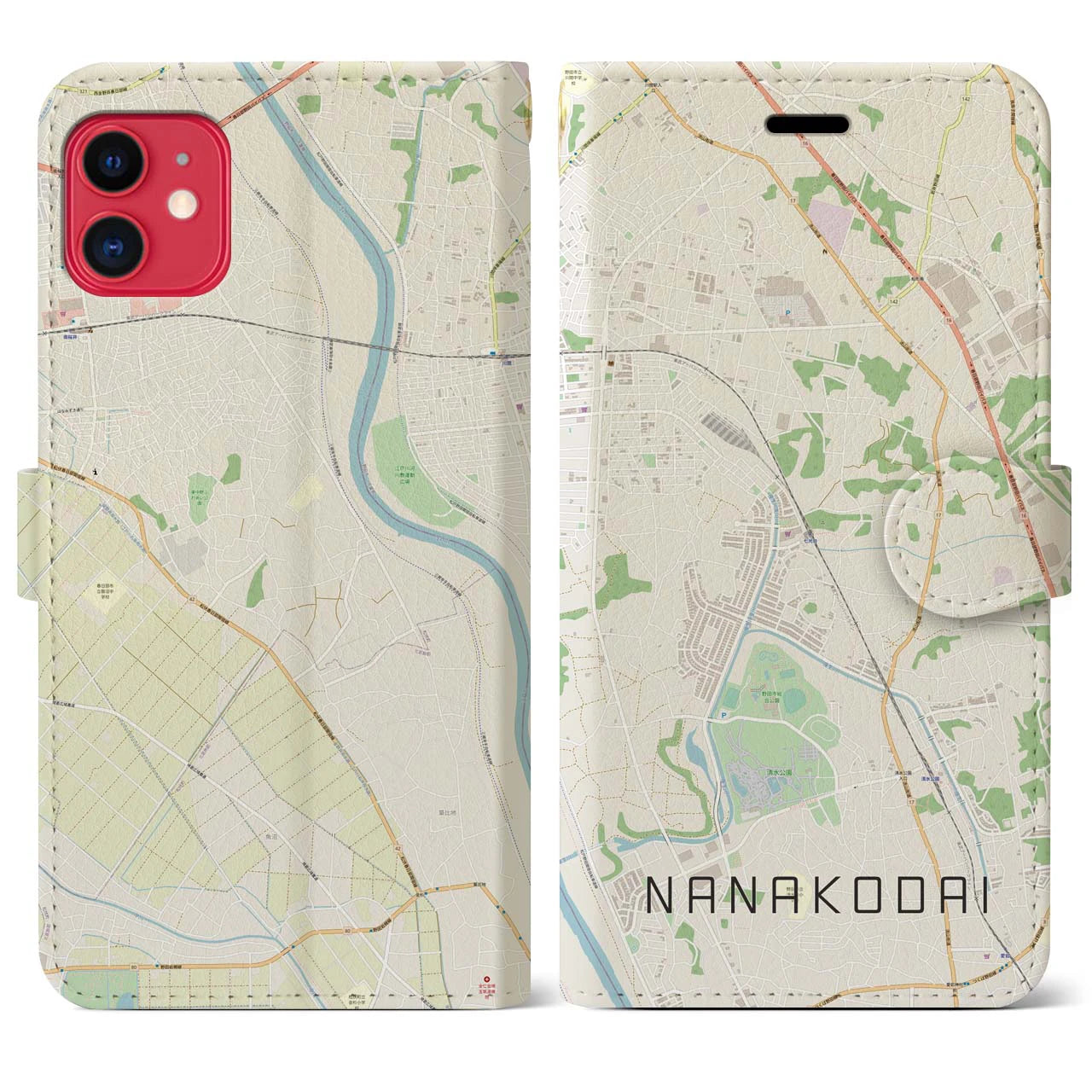 【七光台】地図柄iPhoneケース（手帳両面タイプ・ナチュラル）iPhone 11 用
