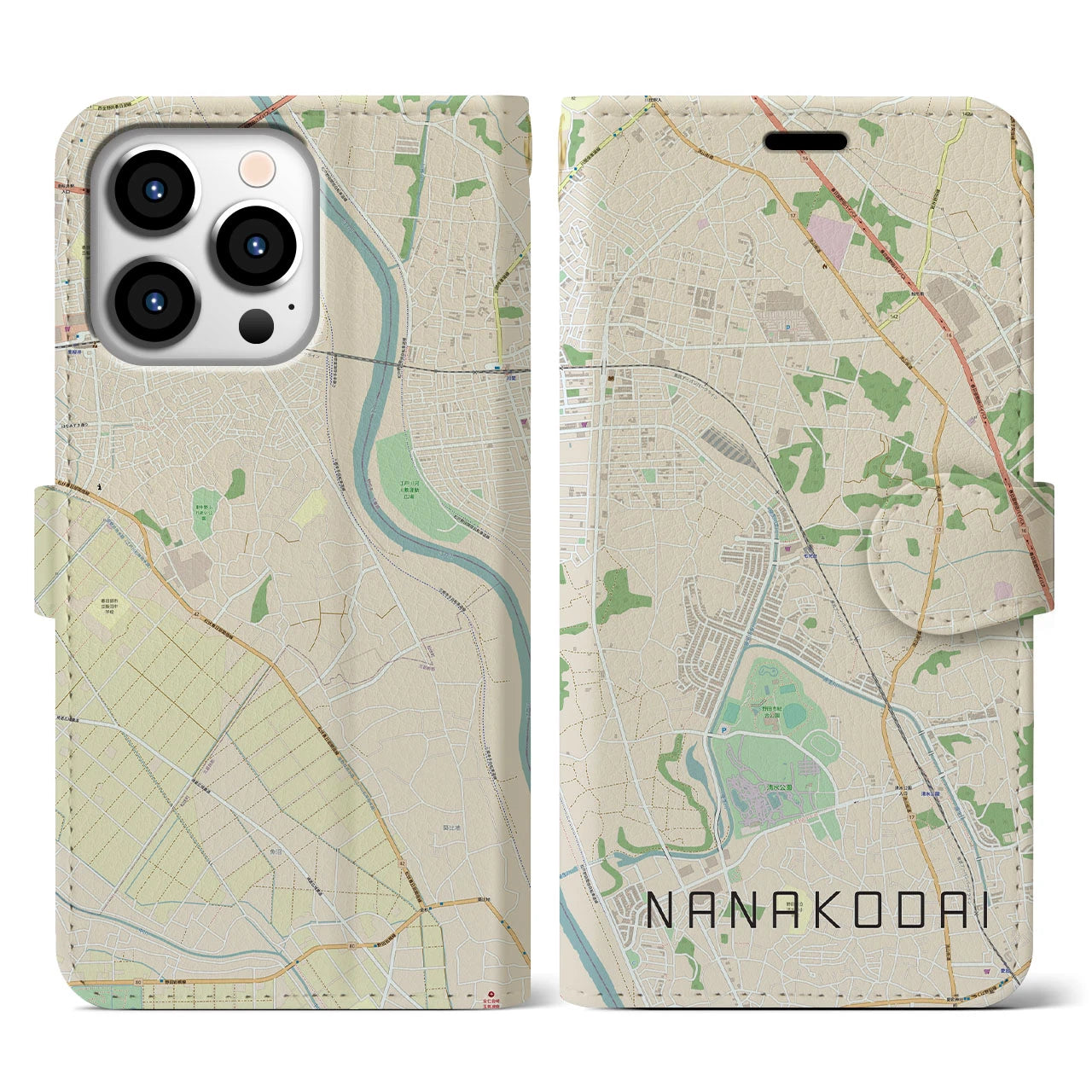 【七光台】地図柄iPhoneケース（手帳両面タイプ・ナチュラル）iPhone 13 Pro 用