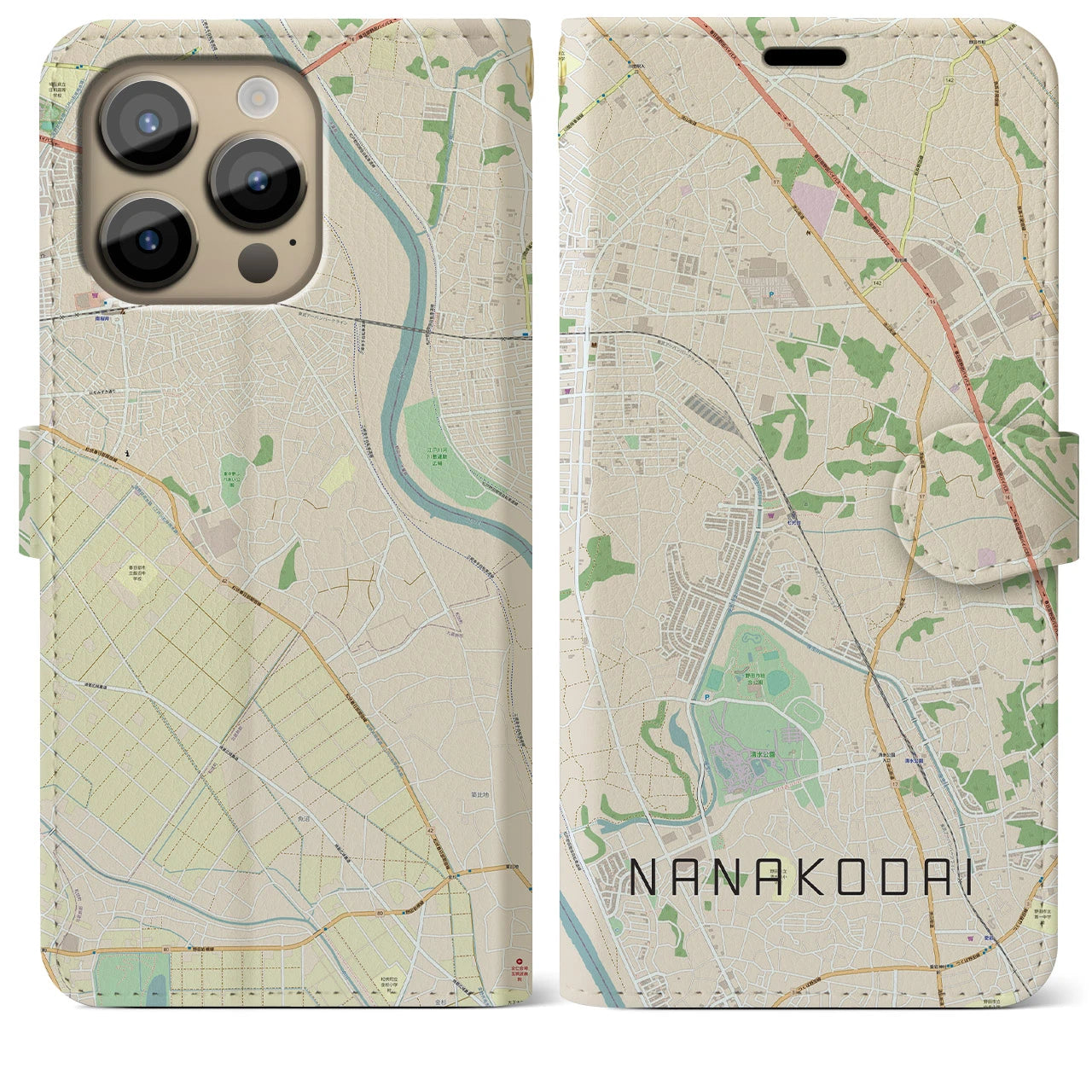 【七光台】地図柄iPhoneケース（手帳両面タイプ・ナチュラル）iPhone 14 Pro Max 用