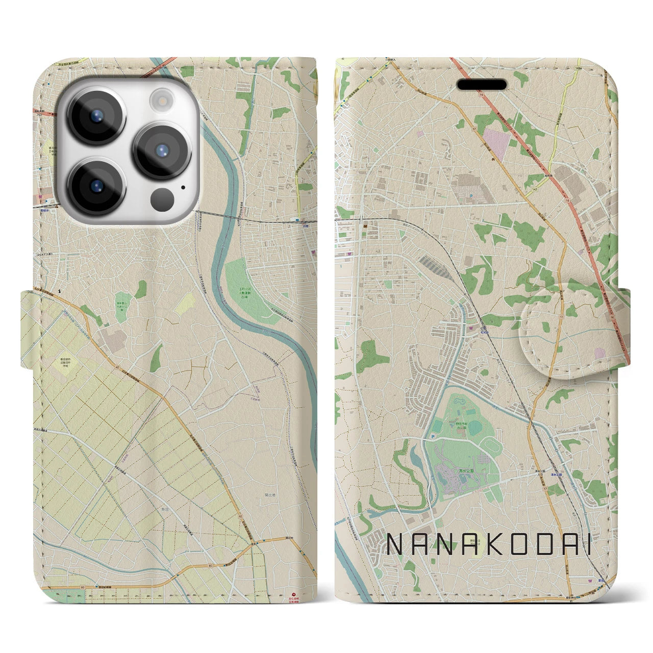【七光台】地図柄iPhoneケース（手帳両面タイプ・ナチュラル）iPhone 14 Pro 用