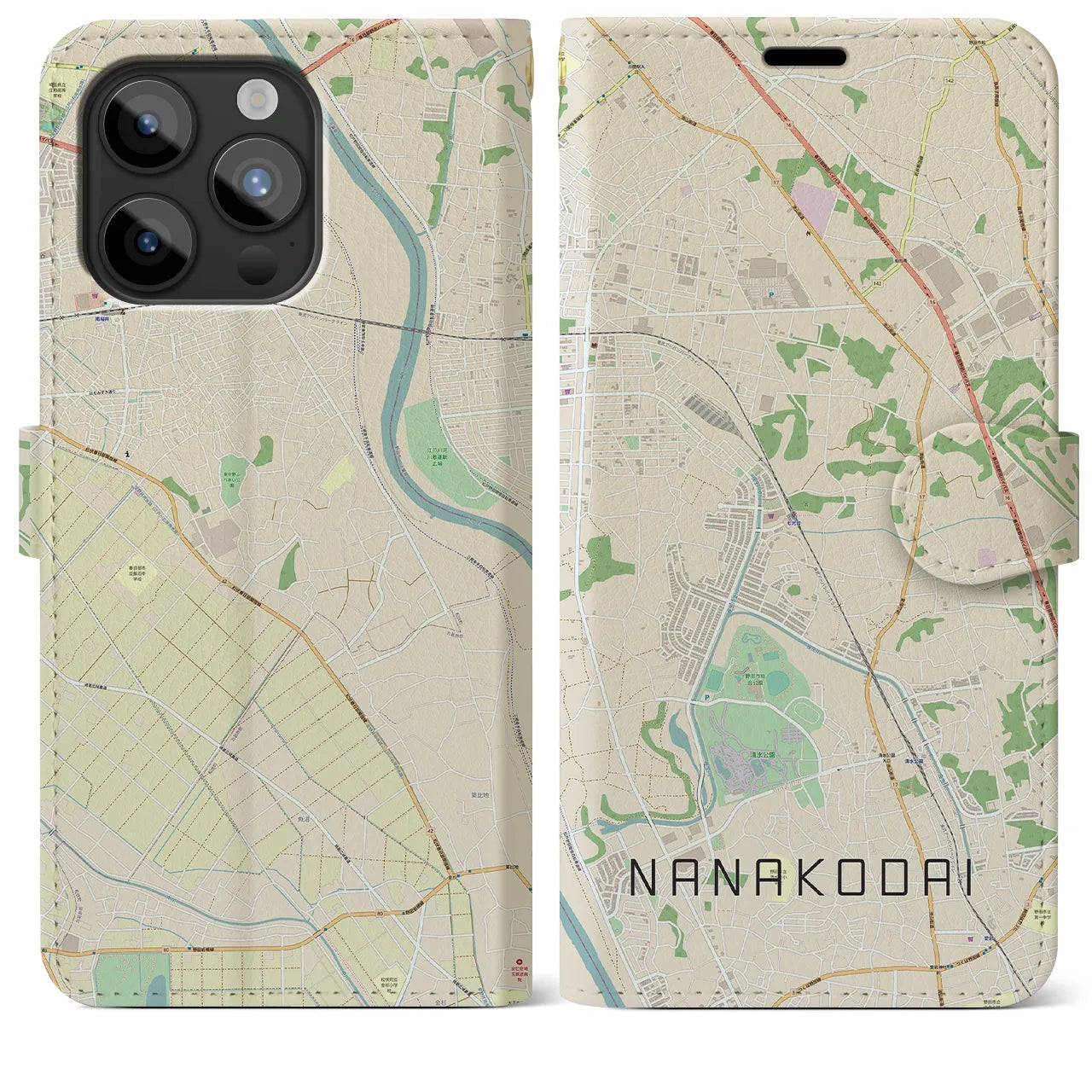 【七光台】地図柄iPhoneケース（手帳両面タイプ・ナチュラル）iPhone 15 Pro Max 用