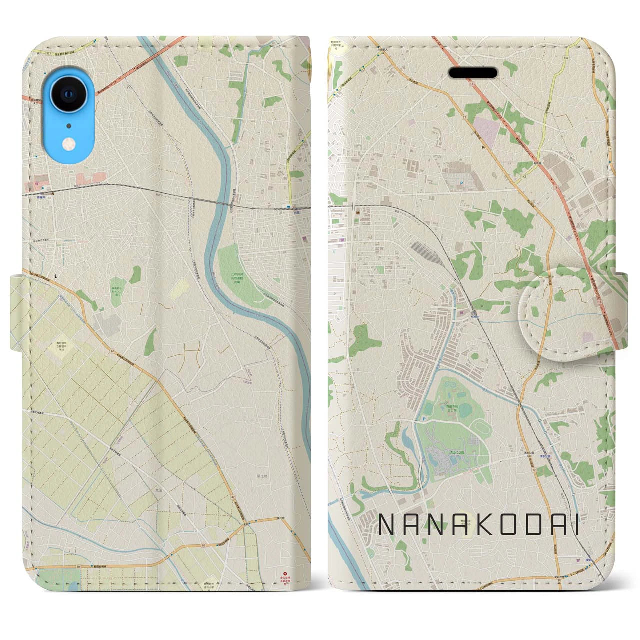 【七光台】地図柄iPhoneケース（手帳両面タイプ・ナチュラル）iPhone XR 用