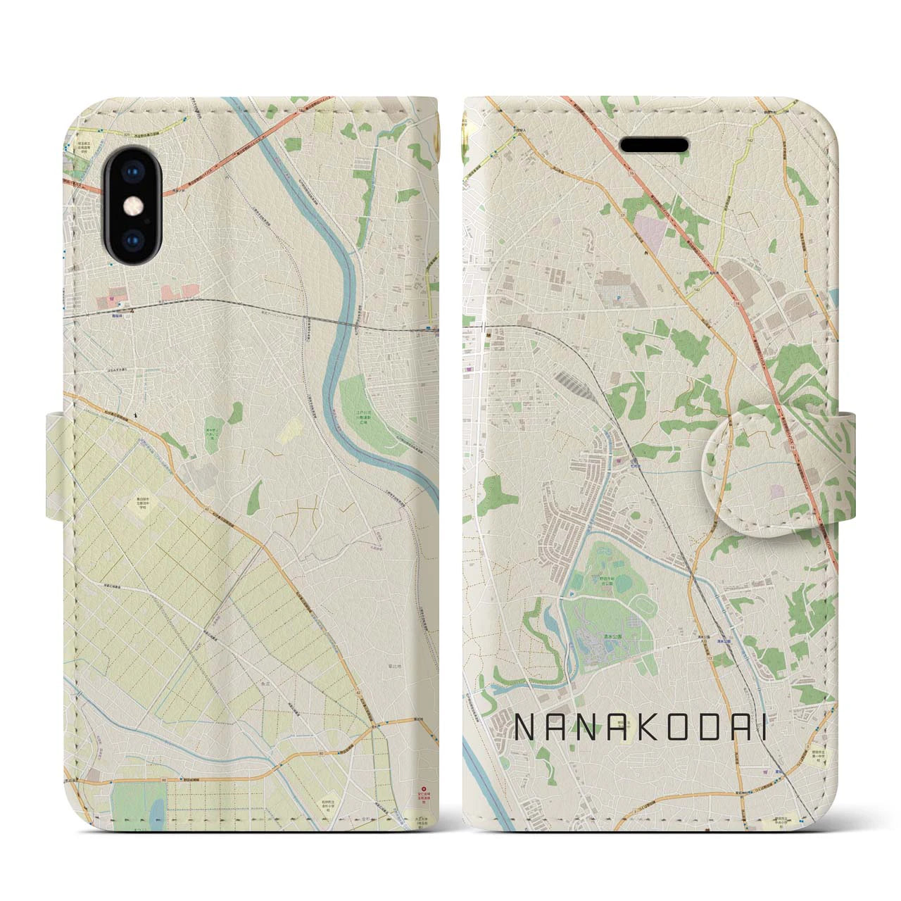【七光台】地図柄iPhoneケース（手帳両面タイプ・ナチュラル）iPhone XS / X 用
