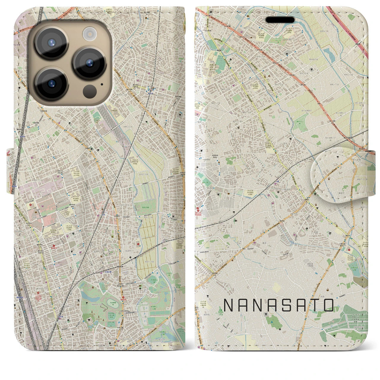【七里】地図柄iPhoneケース（手帳両面タイプ・ナチュラル）iPhone 14 Pro Max 用