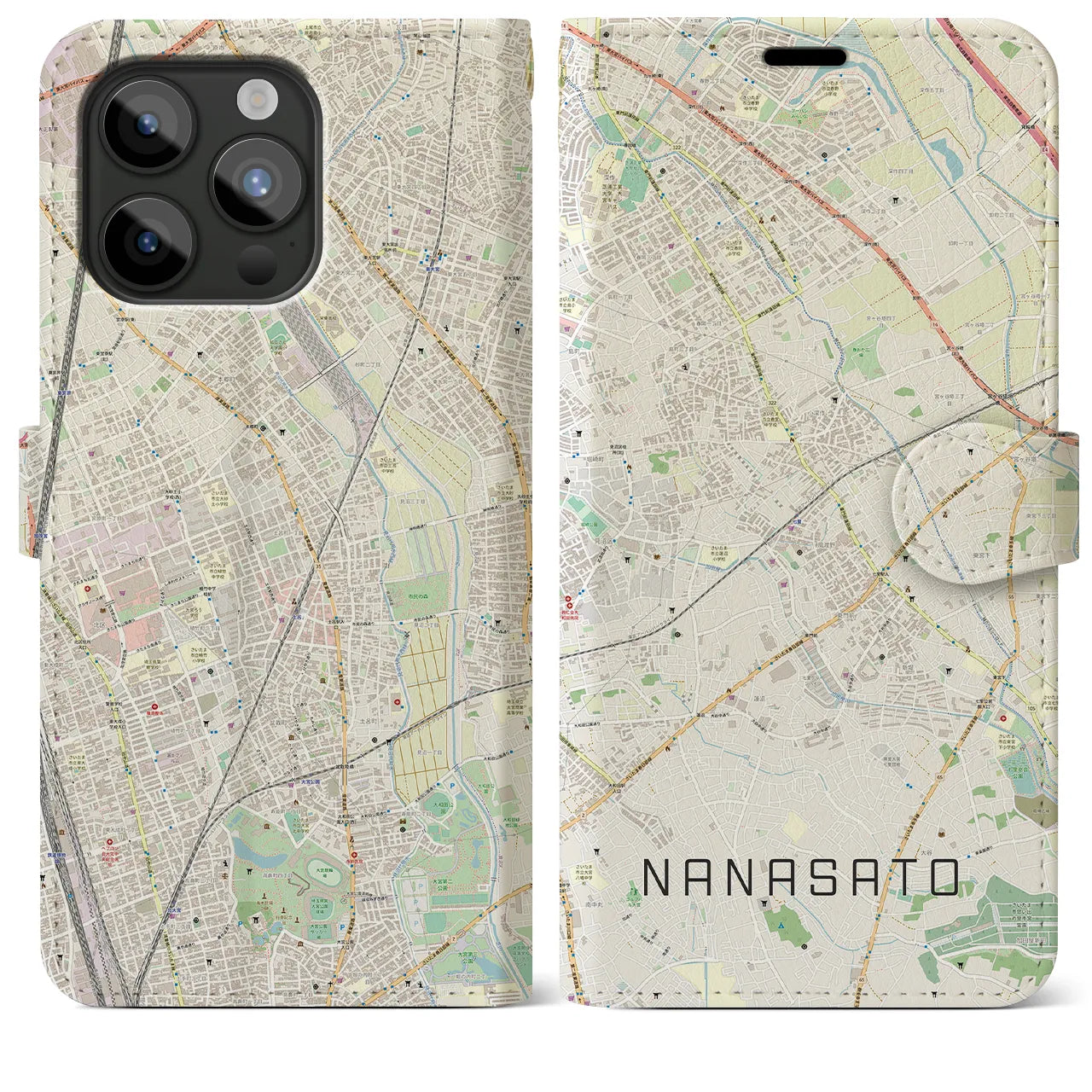 【七里】地図柄iPhoneケース（手帳両面タイプ・ナチュラル）iPhone 15 Pro Max 用