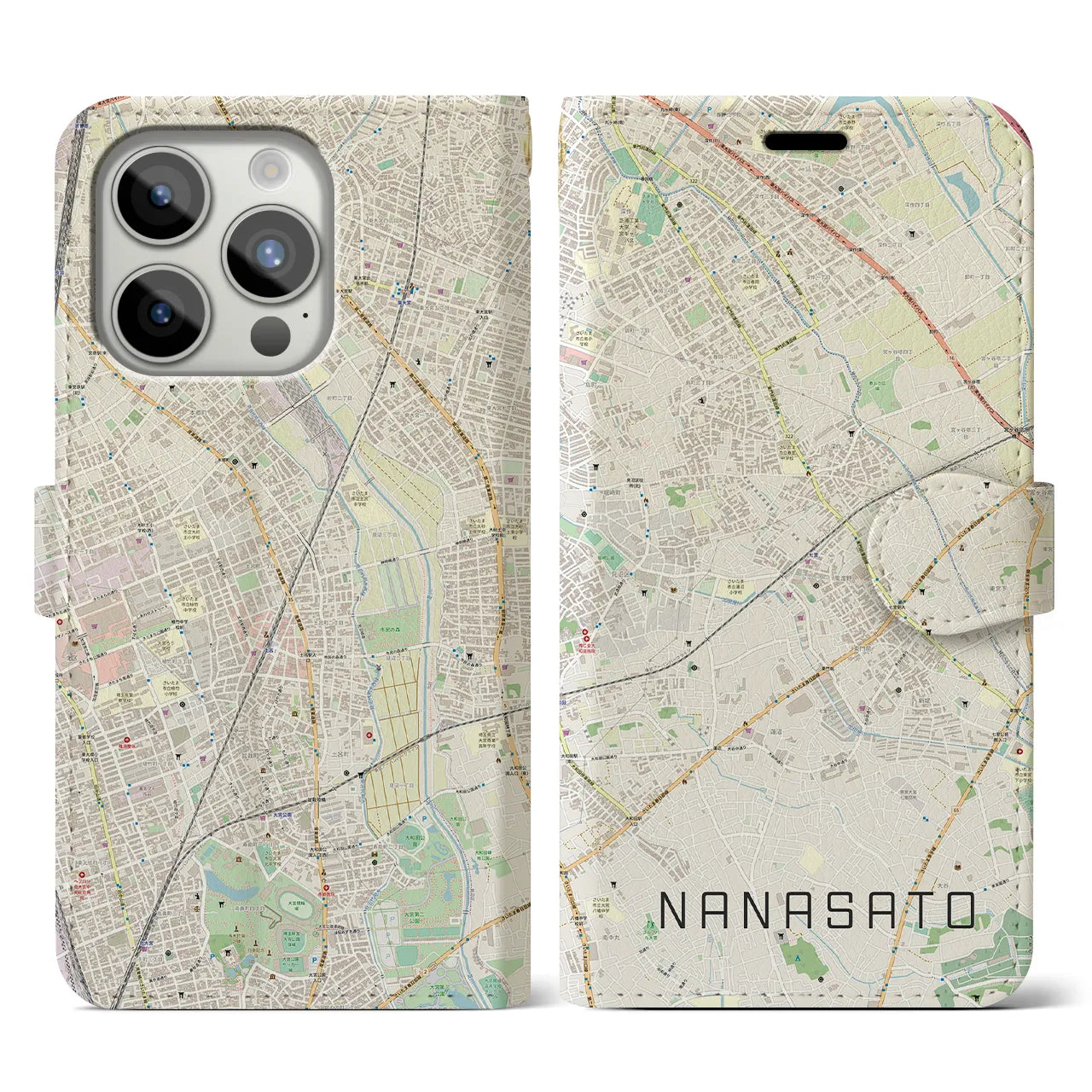 【七里】地図柄iPhoneケース（手帳両面タイプ・ナチュラル）iPhone 15 Pro 用