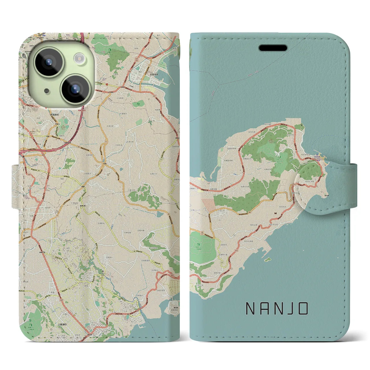 【南城】地図柄iPhoneケース（手帳両面タイプ・ナチュラル）iPhone 15 用
