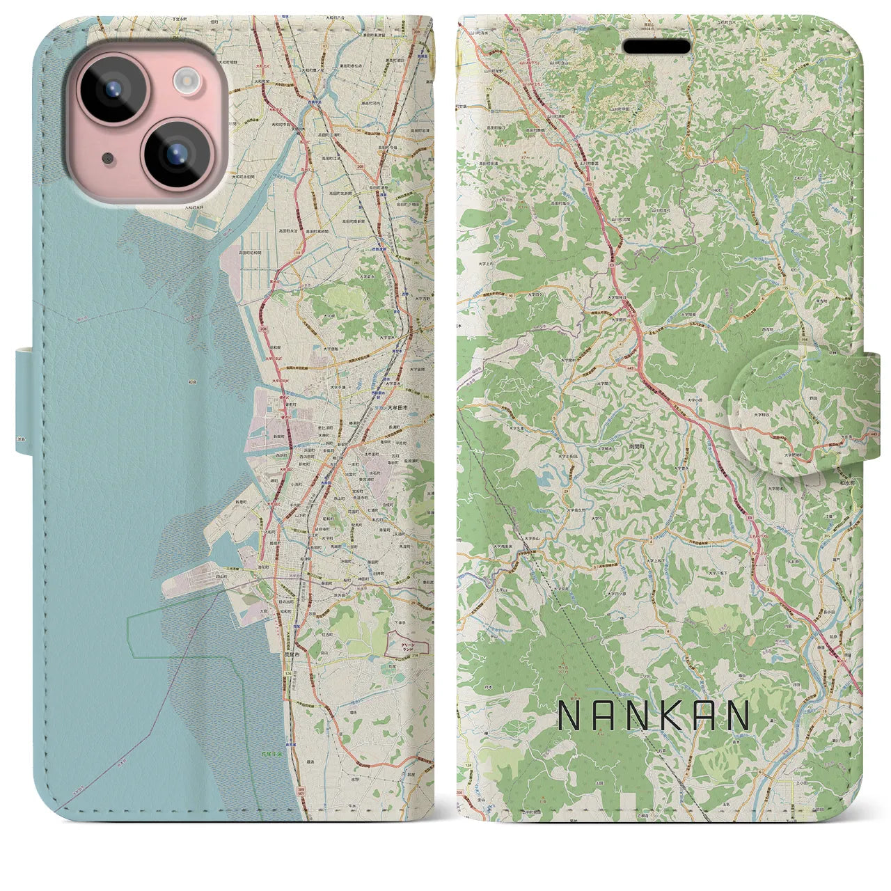 【南関】地図柄iPhoneケース（手帳両面タイプ・ナチュラル）iPhone 15 Plus 用