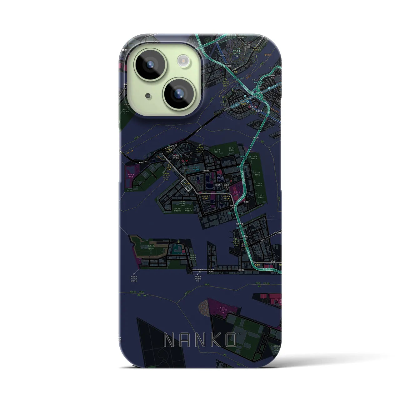 【南港】地図柄iPhoneケース（バックカバータイプ・ブラック）iPhone 15 用