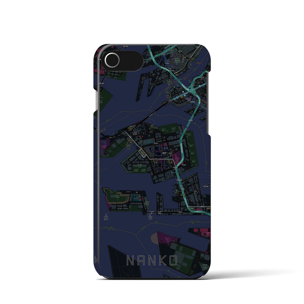 【南港】地図柄iPhoneケース（バックカバータイプ・ブラック）iPhone SE（第3 / 第2世代） / 8 / 7 / 6s / 6 用