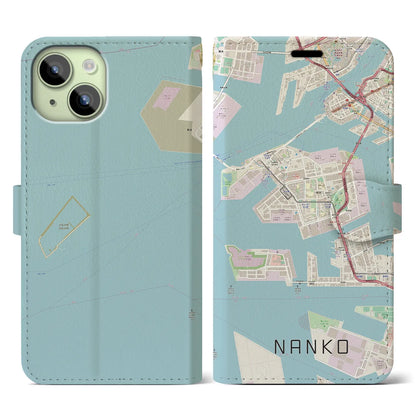 【南港（大阪府）】地図柄iPhoneケース（手帳タイプ）ナチュラル・iPhone 15 用