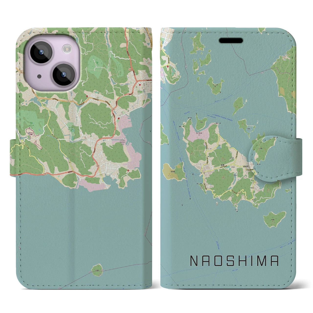 【直島】地図柄iPhoneケース（手帳両面タイプ・ナチュラル）iPhone 14 用