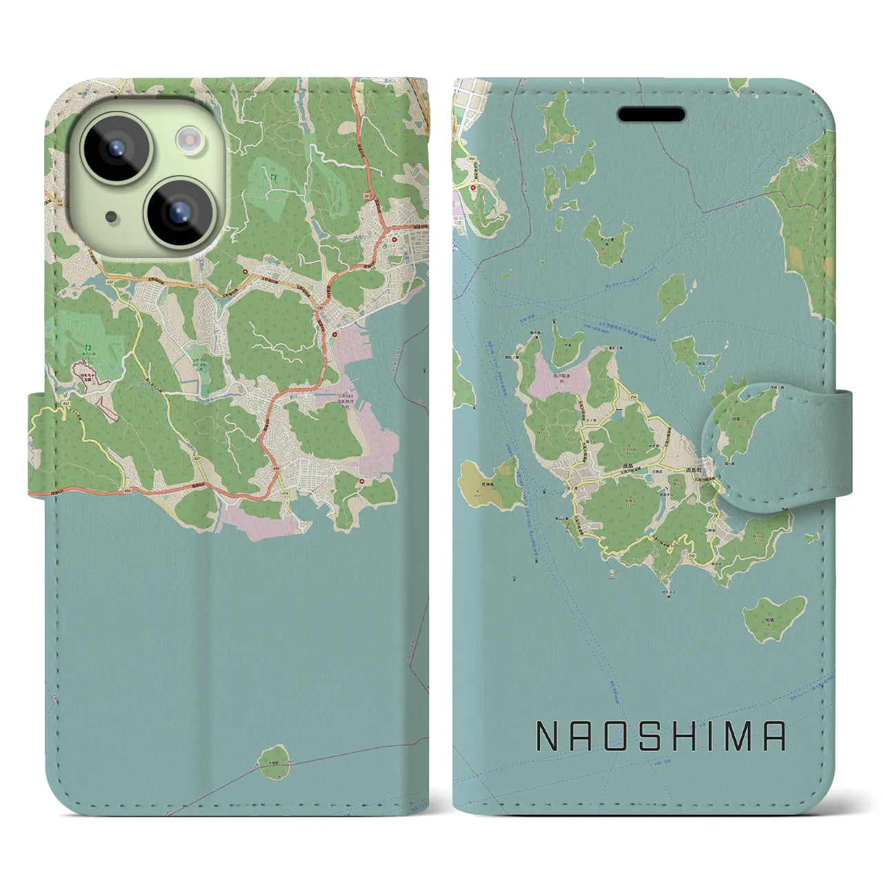 【直島】地図柄iPhoneケース（手帳両面タイプ・ナチュラル）iPhone 15 用