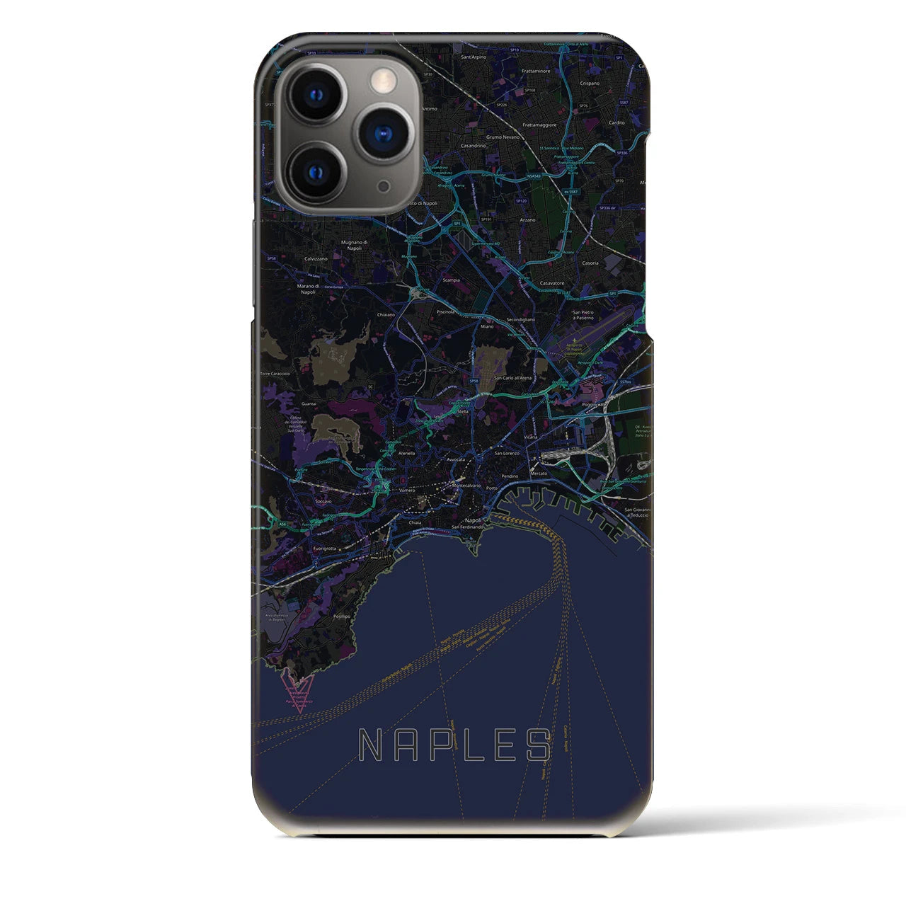 【ナポリ】地図柄iPhoneケース（バックカバータイプ・ブラック）iPhone 11 Pro Max 用