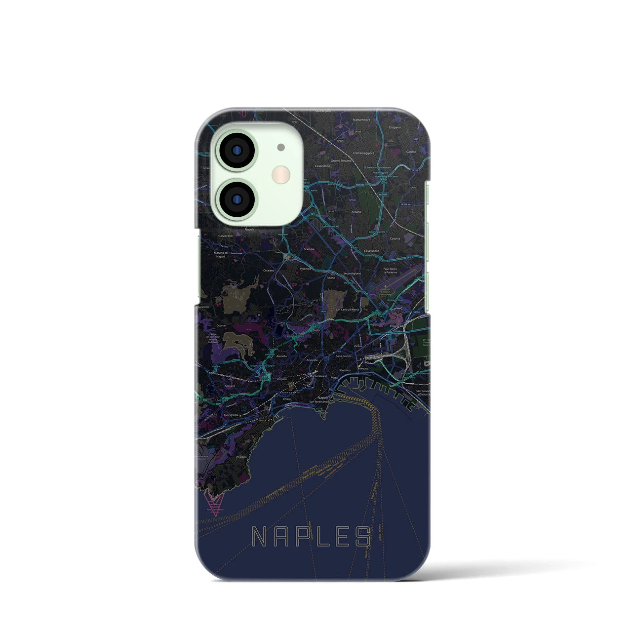 【ナポリ】地図柄iPhoneケース（バックカバータイプ・ブラック）iPhone 12 mini 用