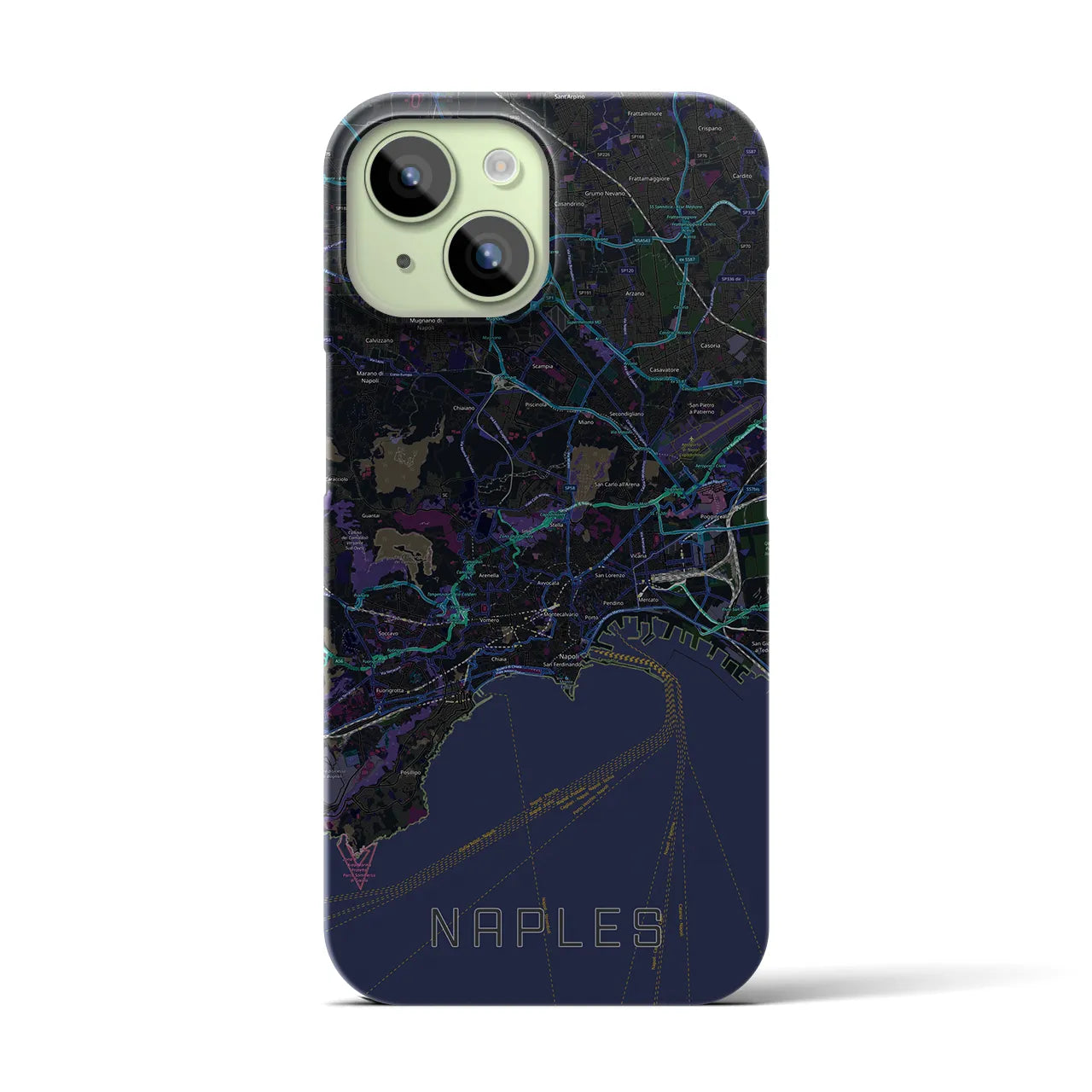 【ナポリ】地図柄iPhoneケース（バックカバータイプ・ブラック）iPhone 15 用
