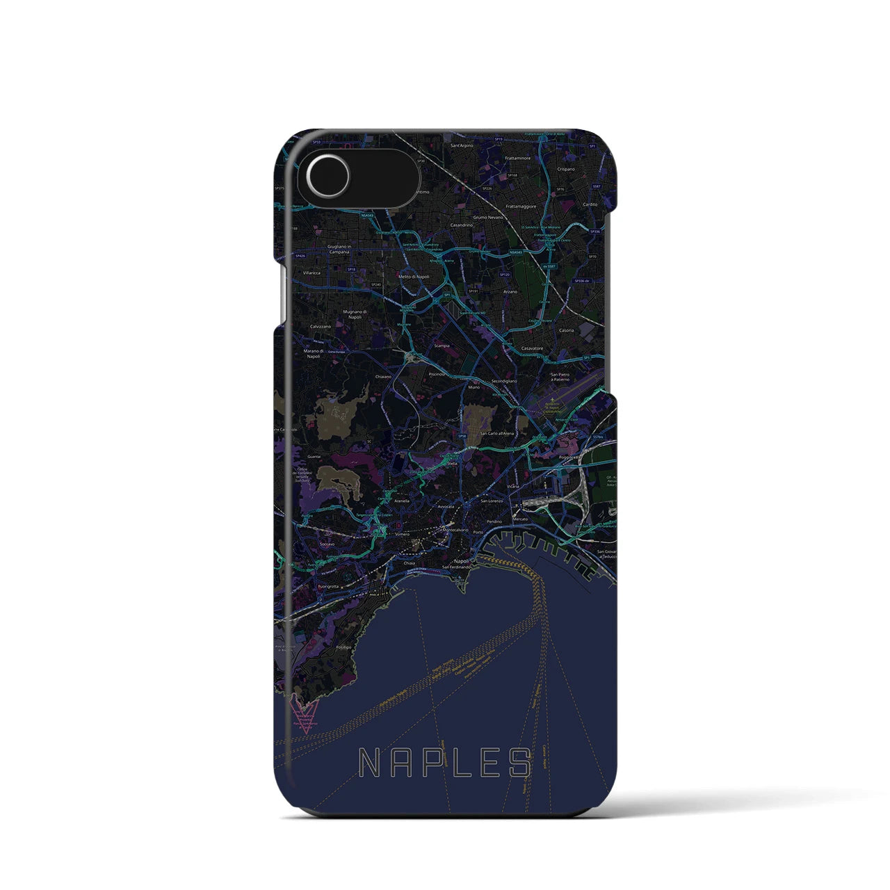 【ナポリ】地図柄iPhoneケース（バックカバータイプ・ブラック）iPhone SE（第3 / 第2世代） / 8 / 7 / 6s / 6 用