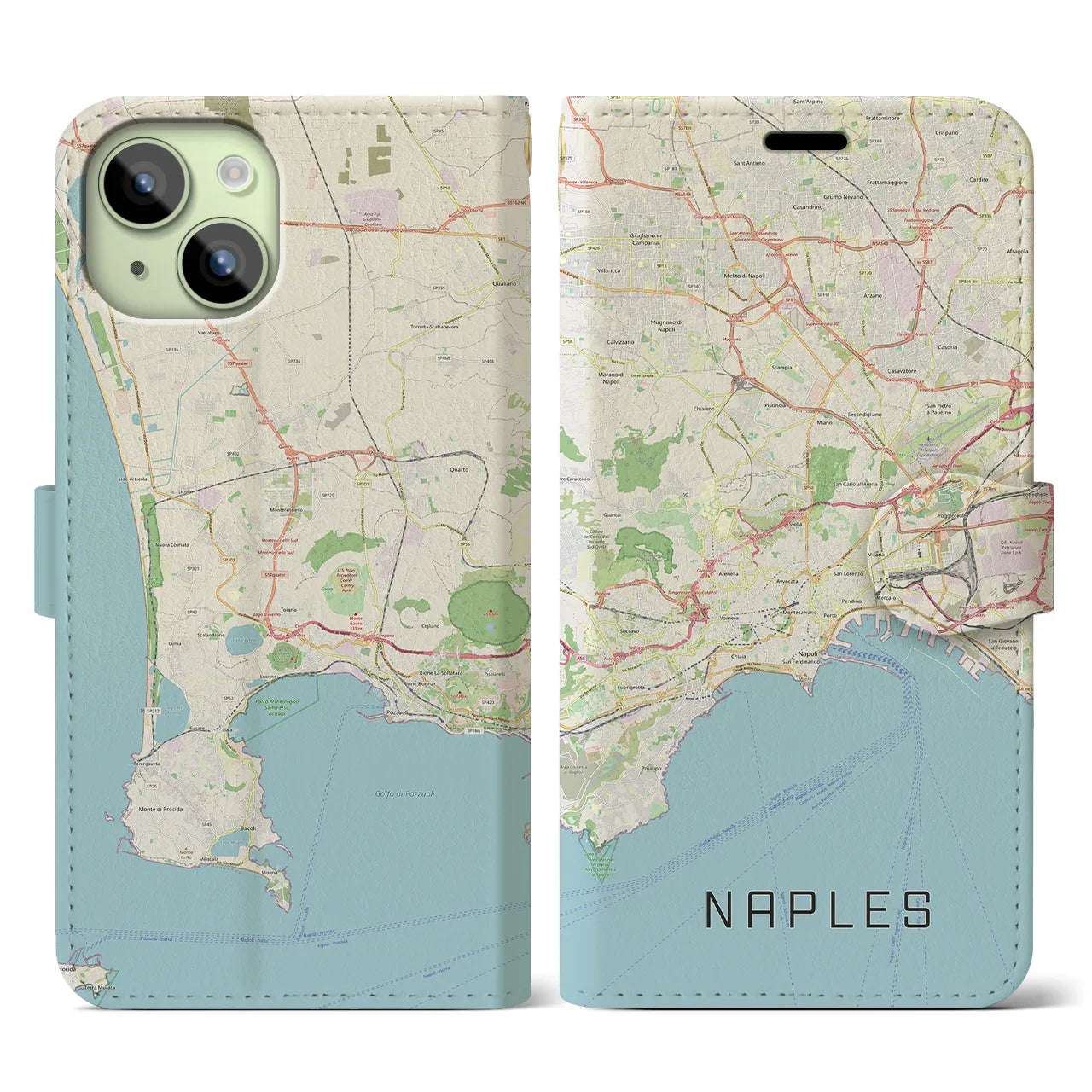 【ナポリ】地図柄iPhoneケース（手帳両面タイプ・ナチュラル）iPhone 15 用