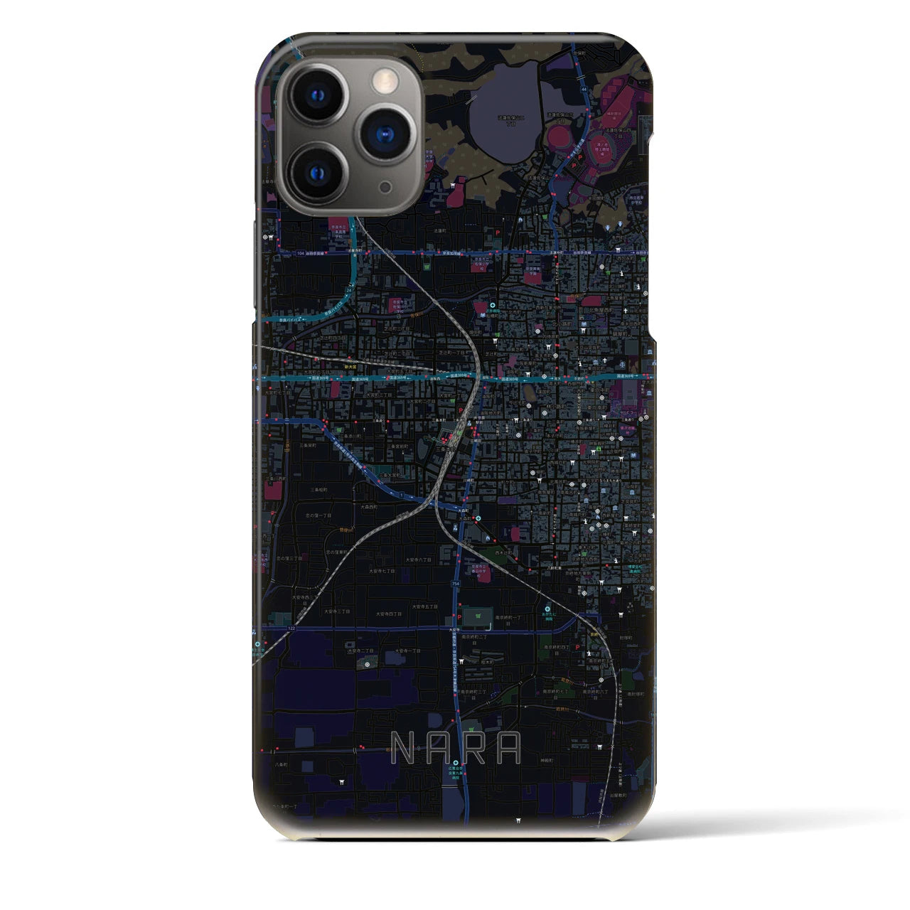 【奈良2】地図柄iPhoneケース（バックカバータイプ・ブラック）iPhone 11 Pro Max 用