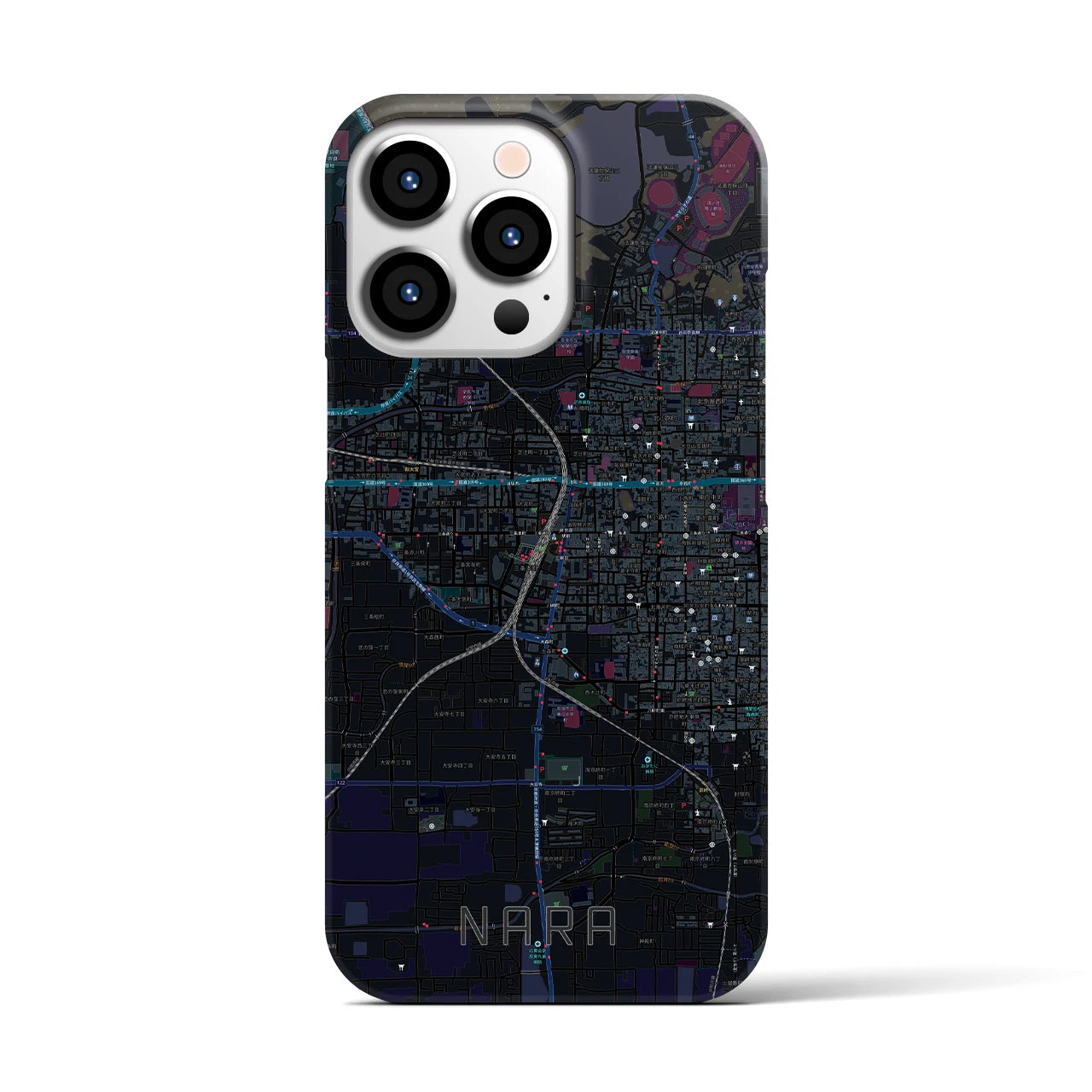 【奈良2】地図柄iPhoneケース（バックカバータイプ・ブラック）iPhone 13 Pro 用