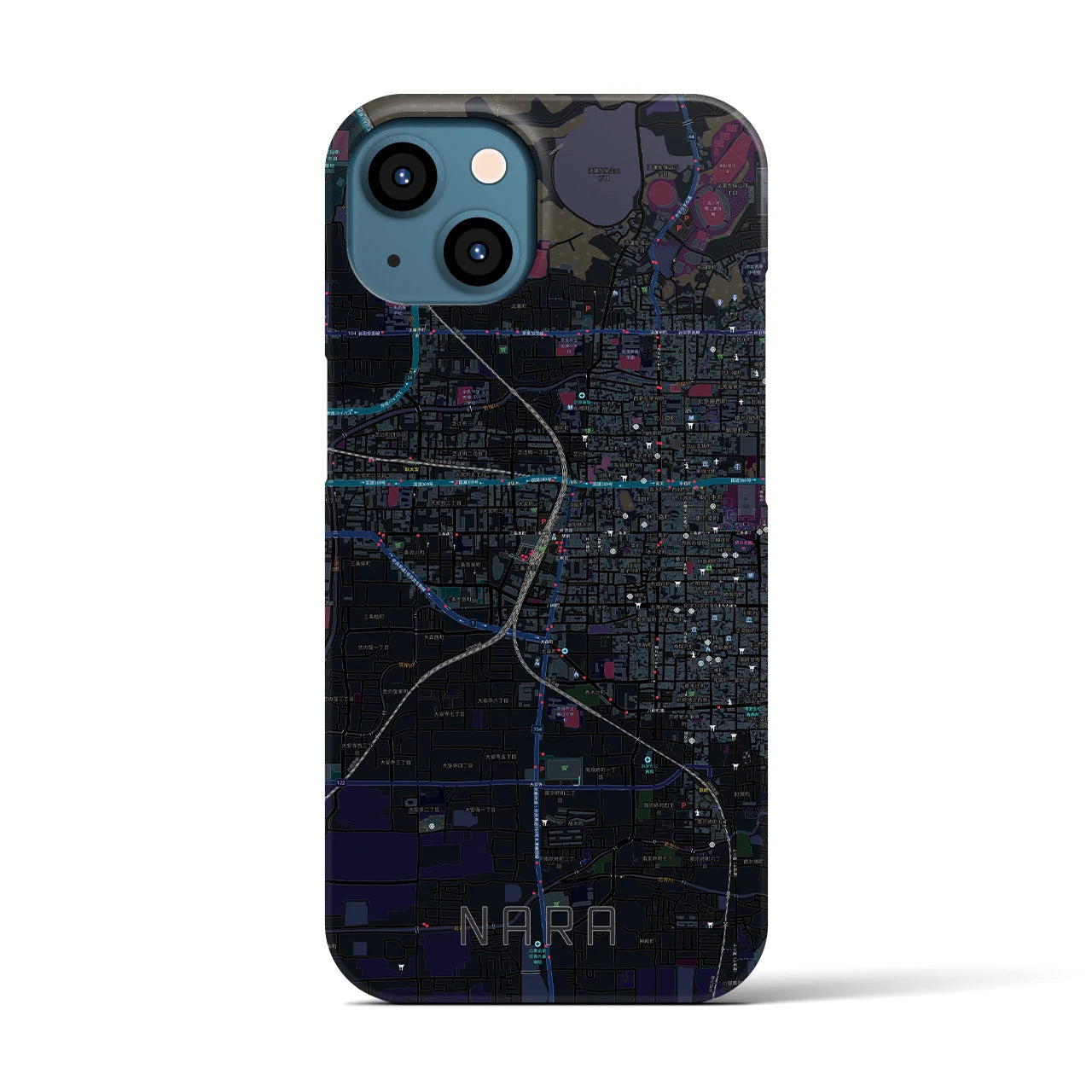 【奈良2】地図柄iPhoneケース（バックカバータイプ・ブラック）iPhone 13 用