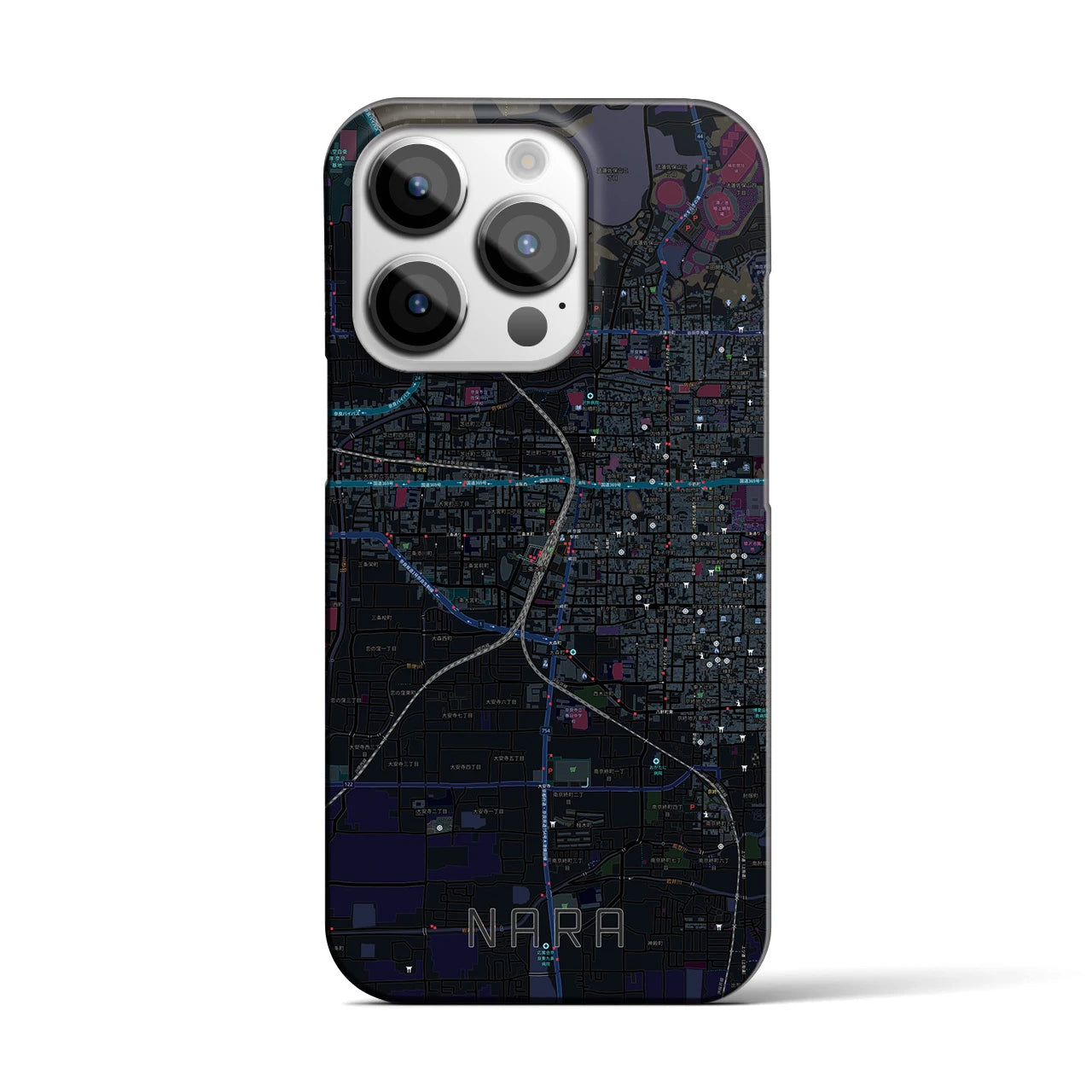 【奈良2】地図柄iPhoneケース（バックカバータイプ・ブラック）iPhone 14 Pro 用