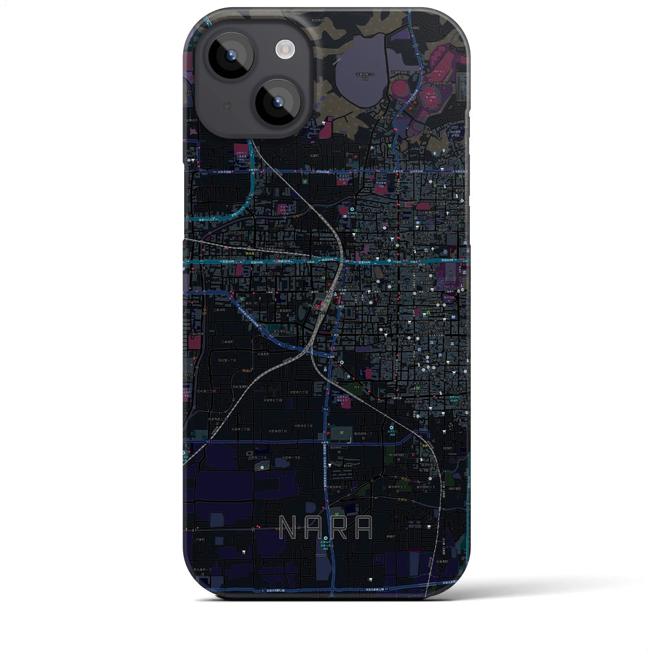【奈良2】地図柄iPhoneケース（バックカバータイプ・ブラック）iPhone 14 Plus 用